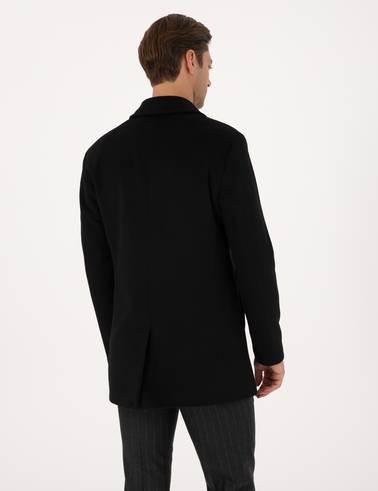 Siyah Slim Fit Kaşe Kaban
