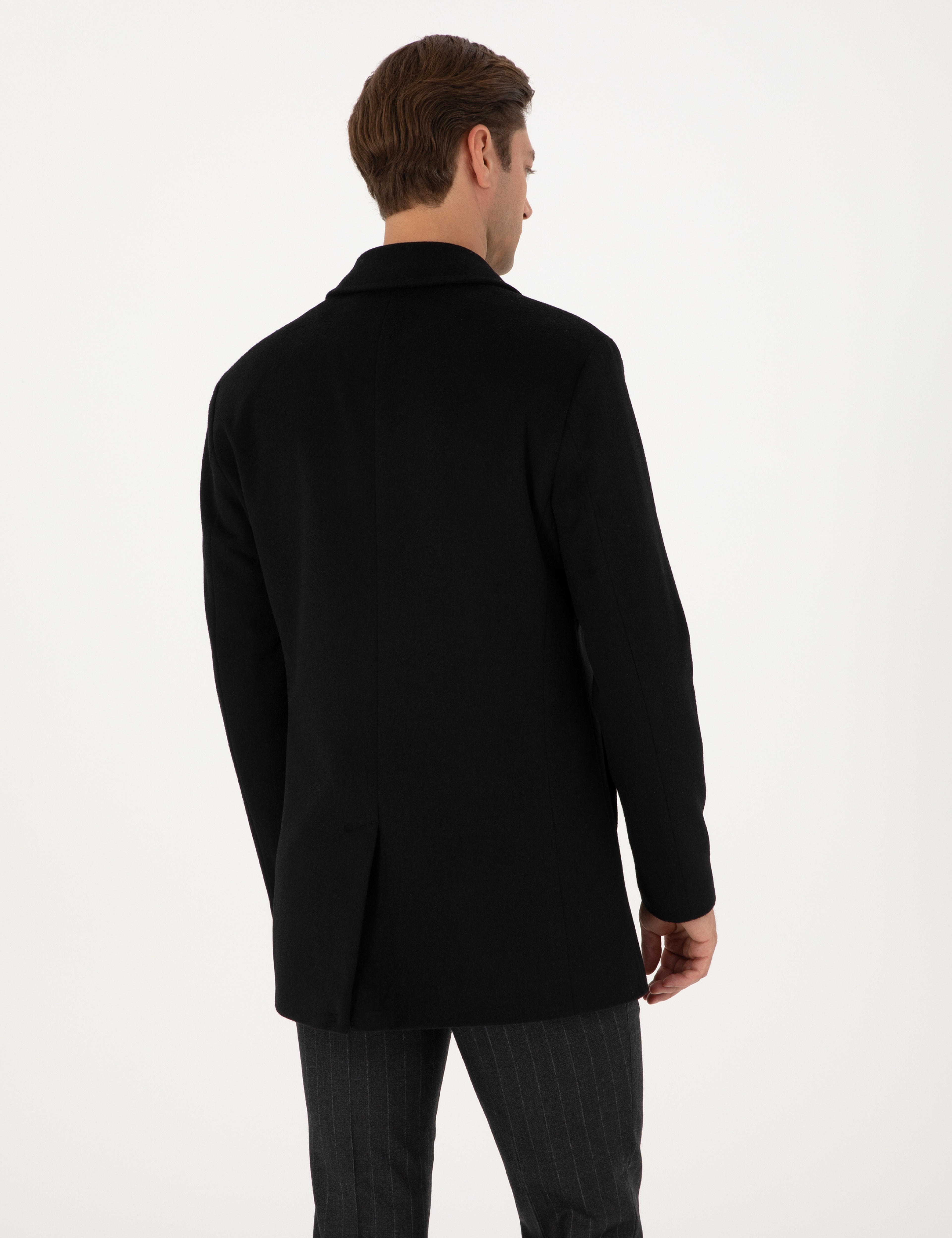 Siyah Slim Fit Kaşe Kaban