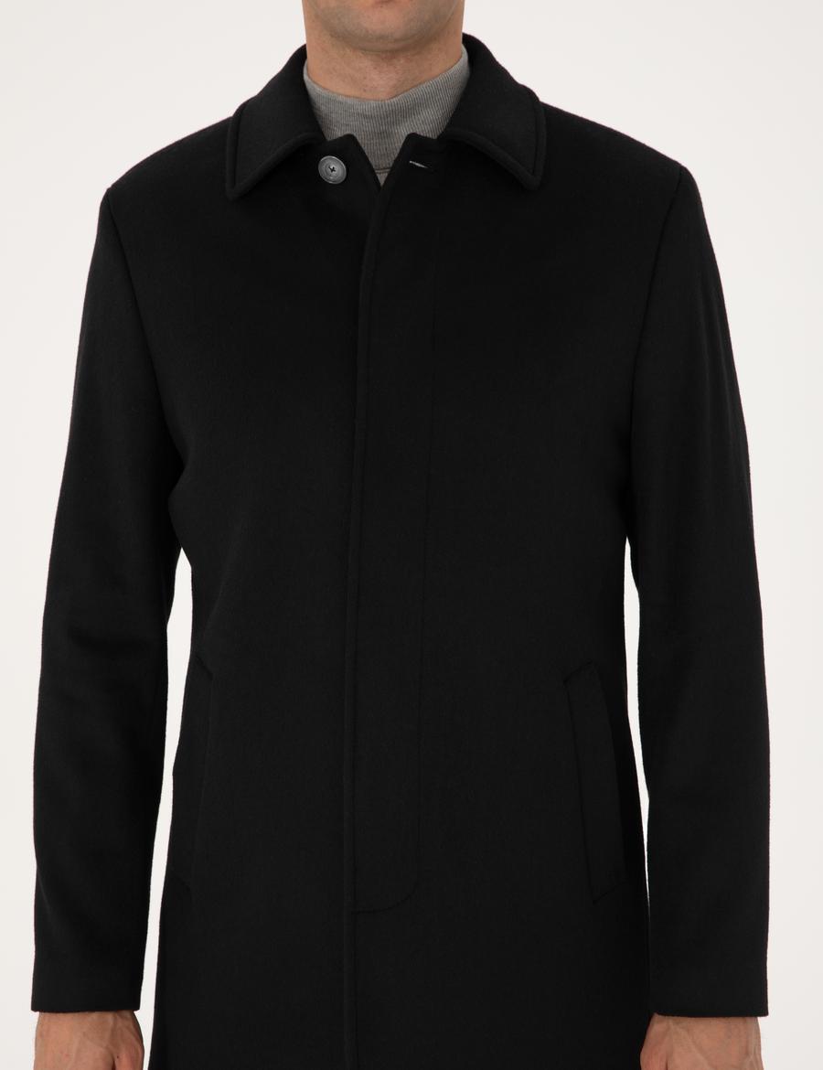Siyah Slim Fit Kaşe Kaban