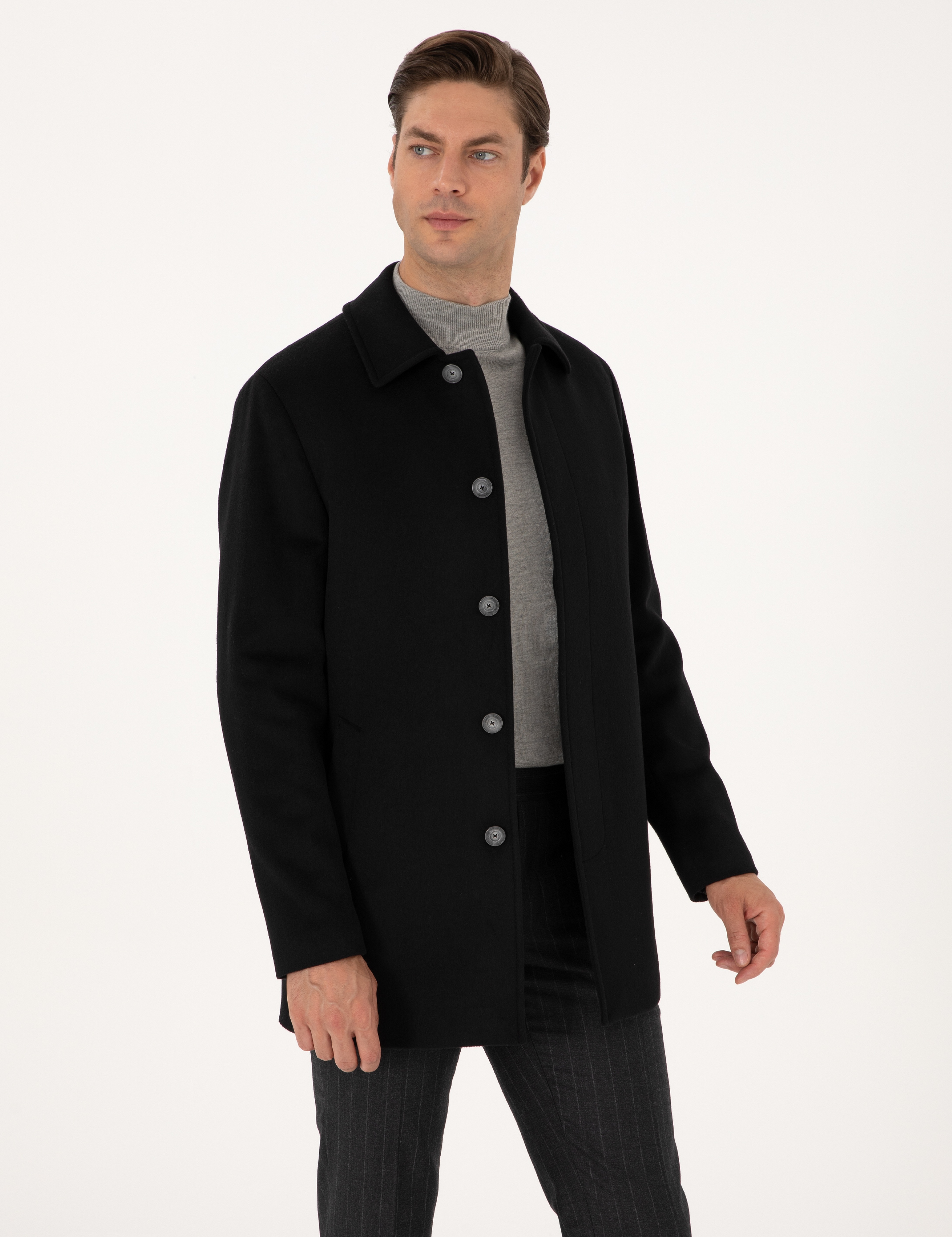 Siyah Slim Fit Kaşe Kaban - Image 3