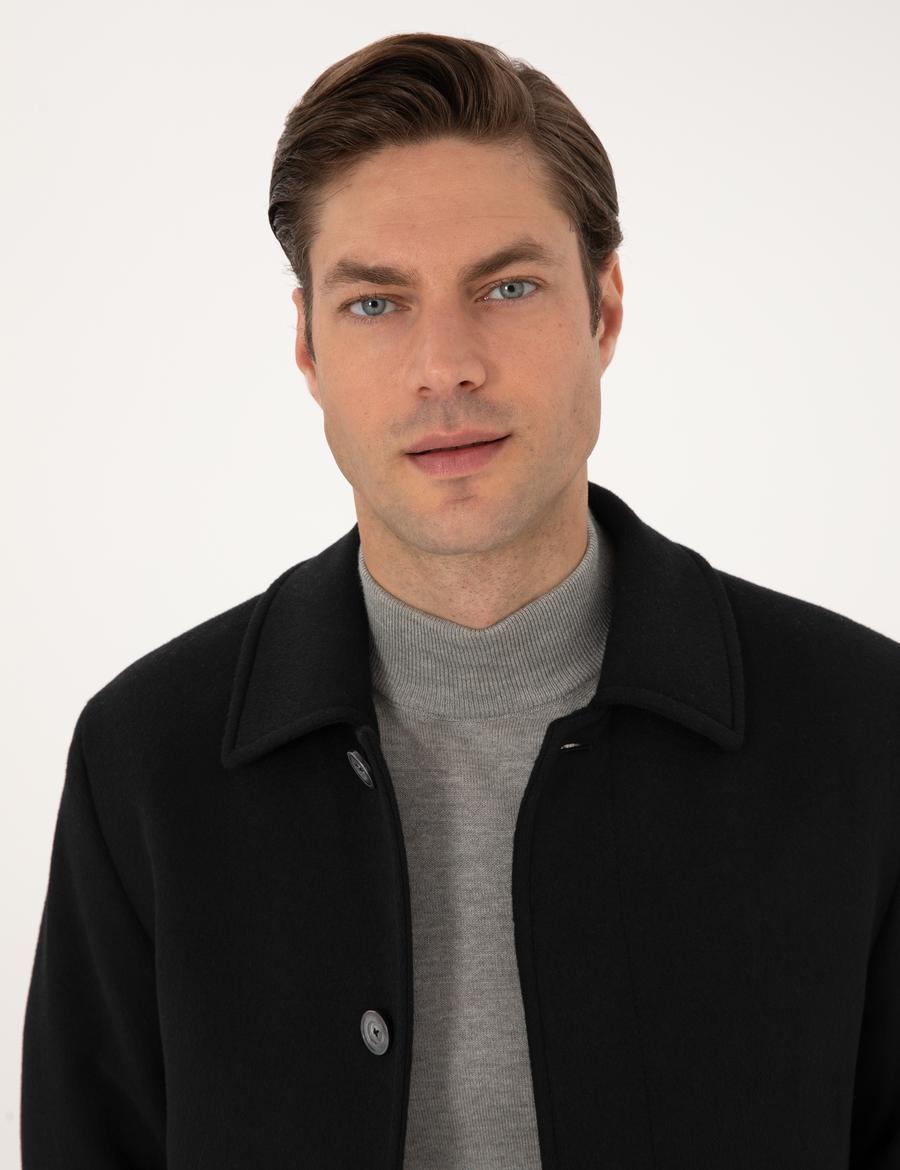 Siyah Slim Fit Kaşe Kaban