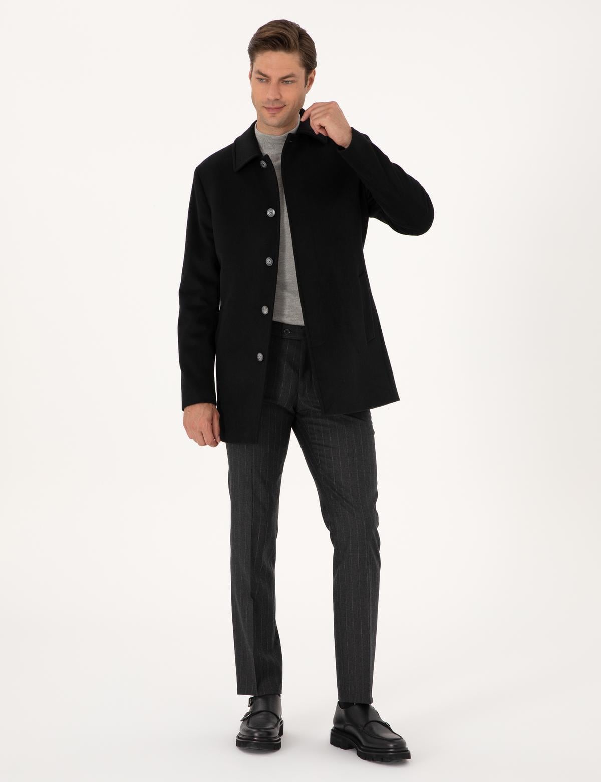 Siyah Slim Fit Kaşe Kaban - 50314215006