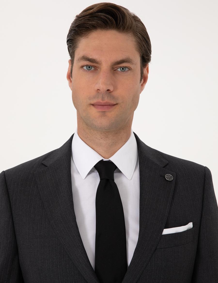 Antrasit Slim Fit %100 Yün Çizgili Takım Elbise