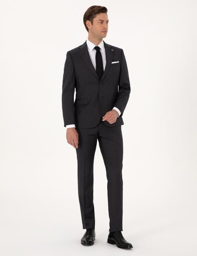 Antrasit Slim Fit %100 Yün Çizgili Takım Elbise