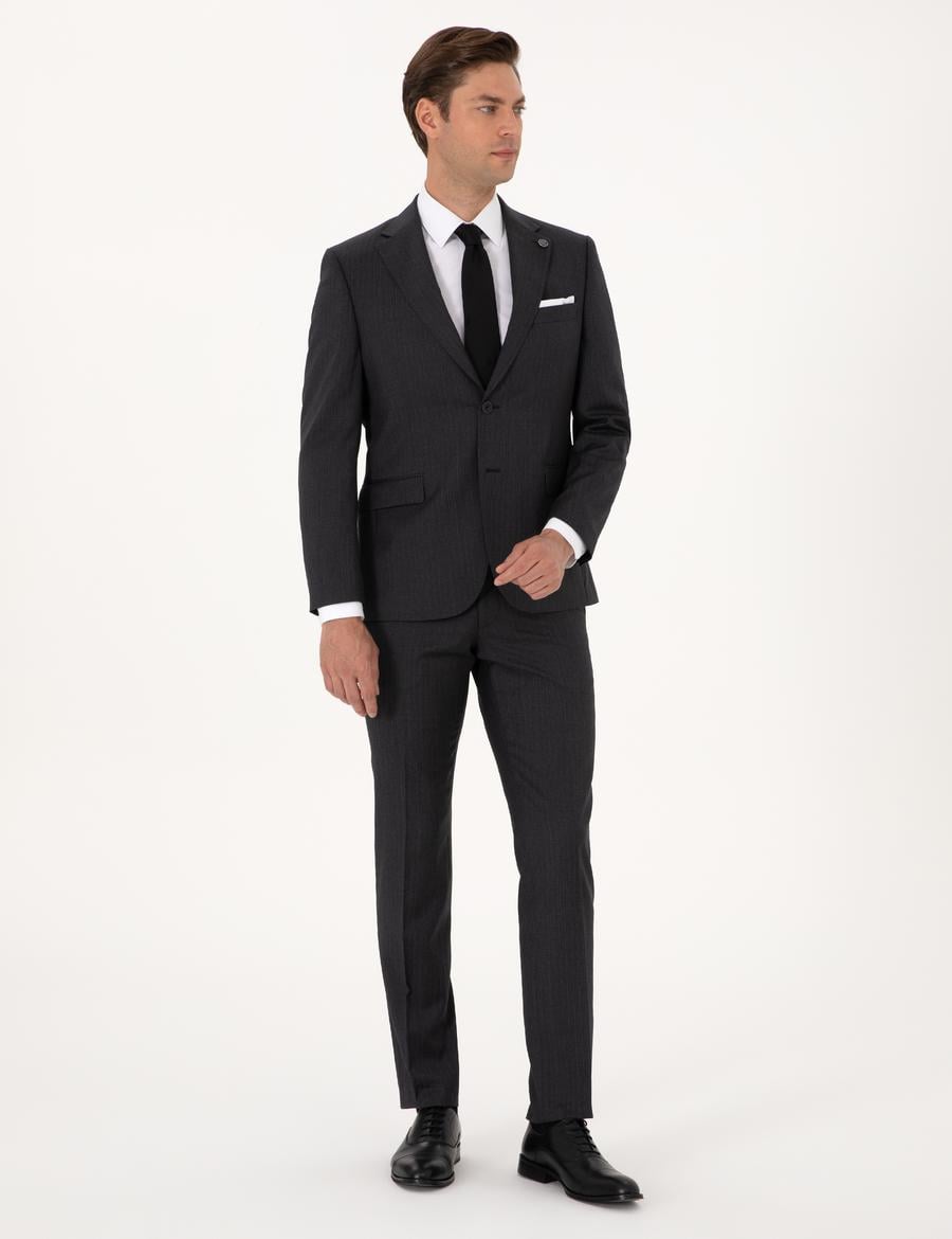 Antrasit Slim Fit %100 Yün Çizgili Takım Elbise