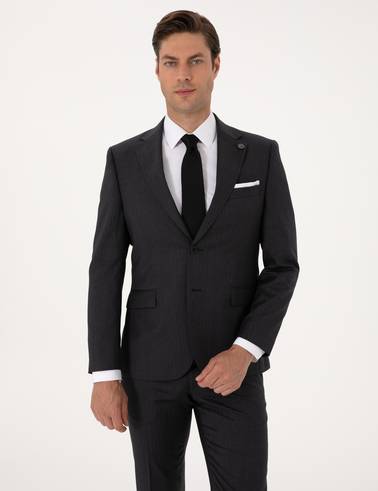 Antrasit Slim Fit %100 Yün Çizgili Takım Elbise