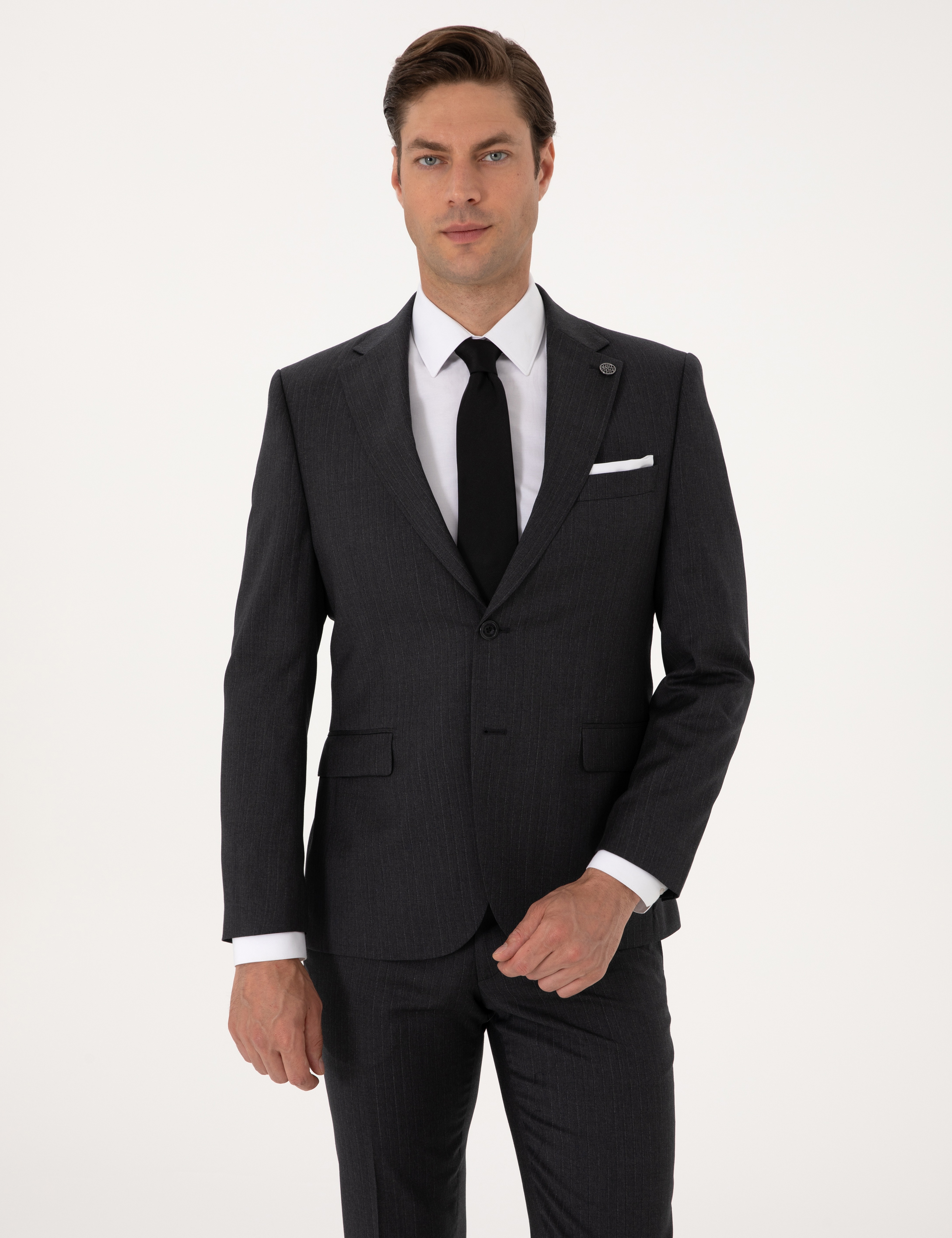 Antrasit Slim Fit %100 Yün Çizgili Takım Elbise
