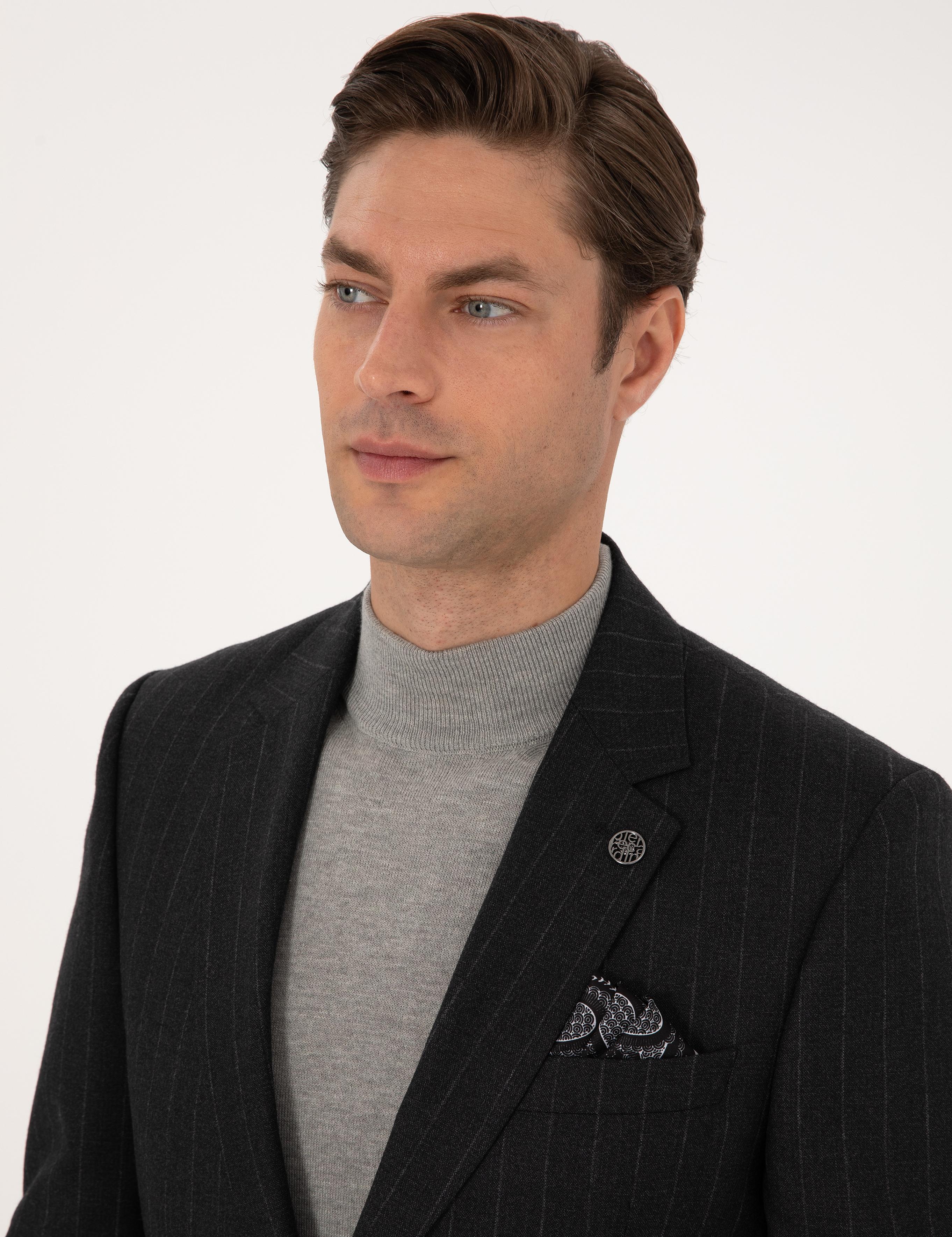 Antrasit Slim Fit %100 Yün Çizgili Takım Elbise