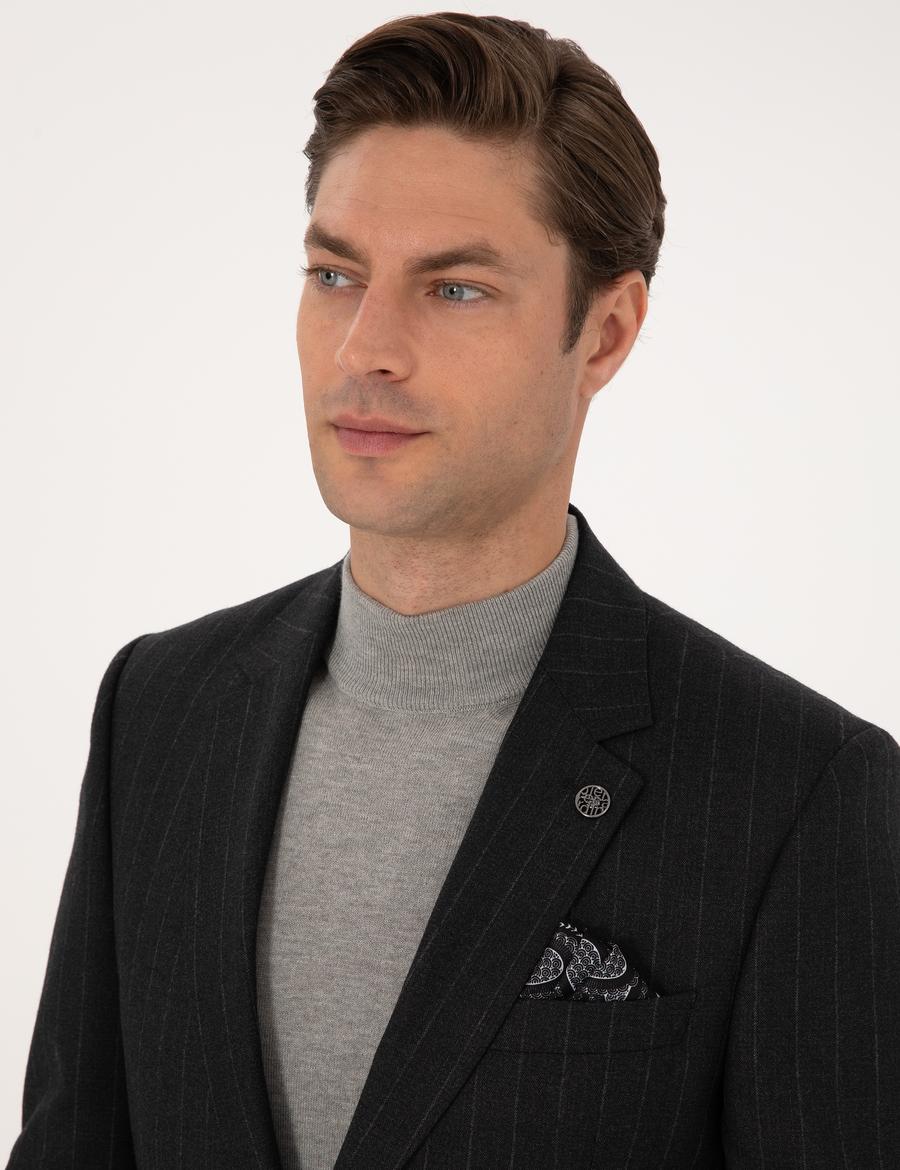 Antrasit Slim Fit %100 Yün Çizgili Takım Elbise