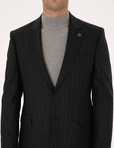 Antrasit Slim Fit %100 Yün Çizgili Takım Elbise