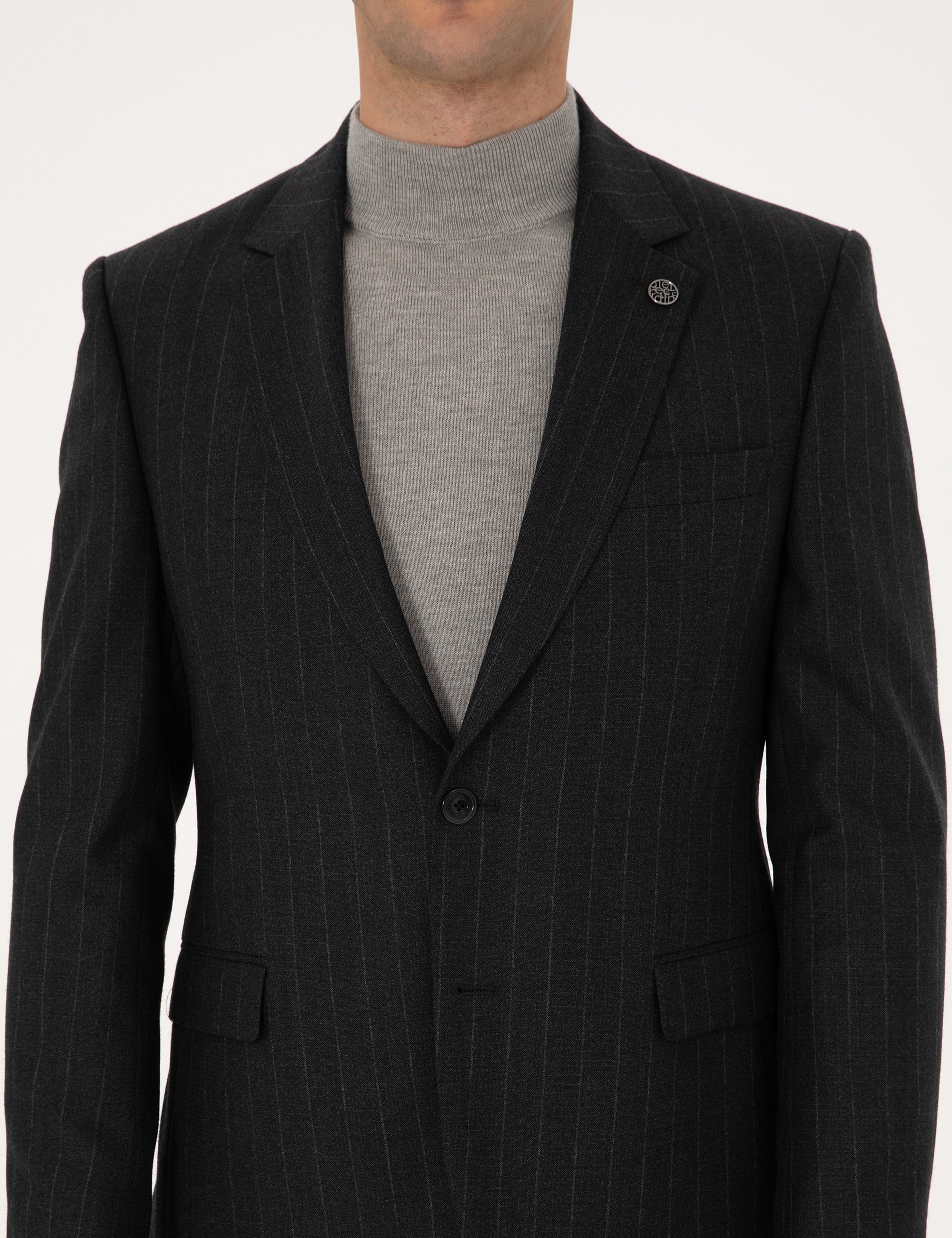 Antrasit Slim Fit %100 Yün Çizgili Takım Elbise