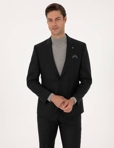 Antrasit Slim Fit %100 Yün Çizgili Takım Elbise