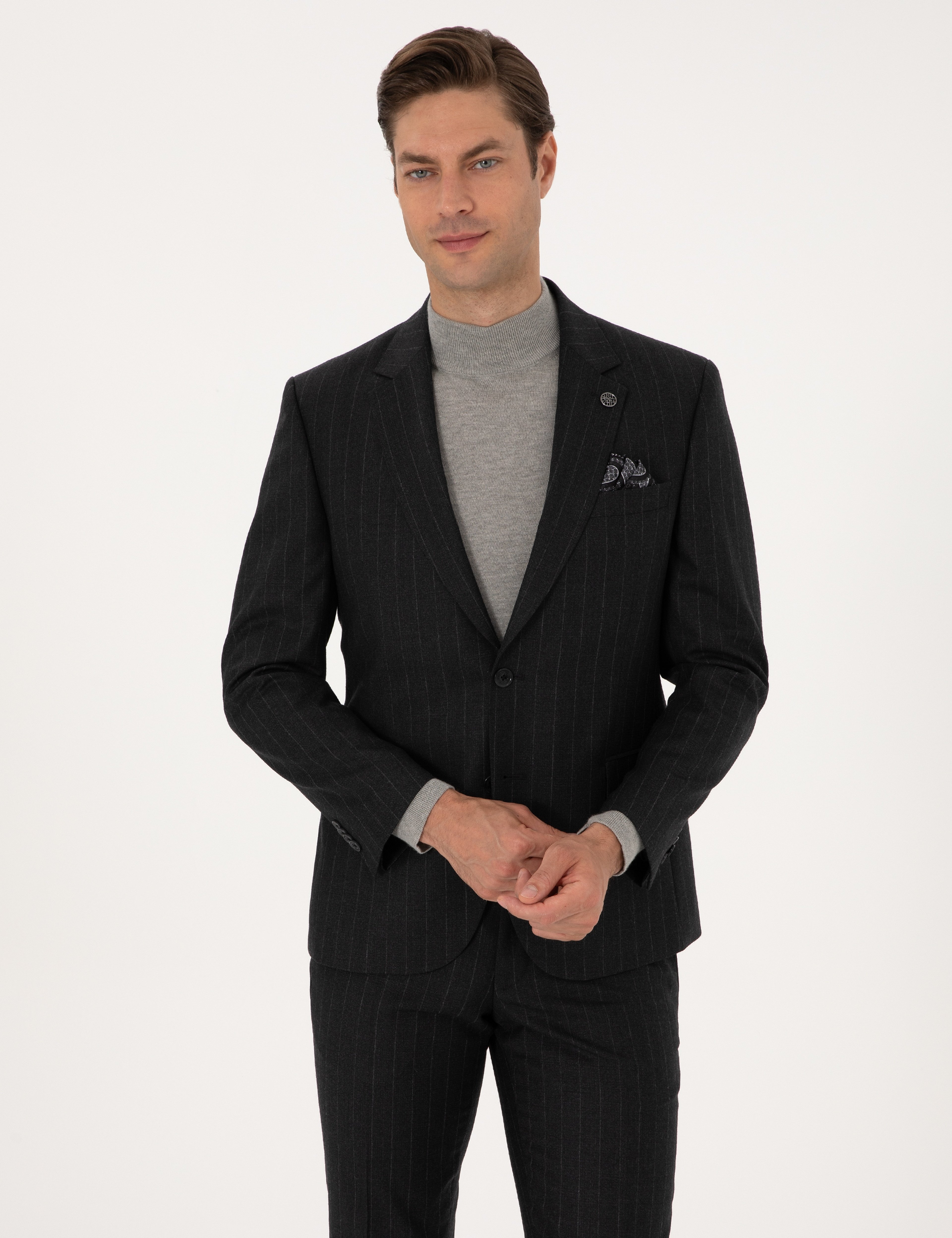 Antrasit Slim Fit %100 Yün Çizgili Takım Elbise