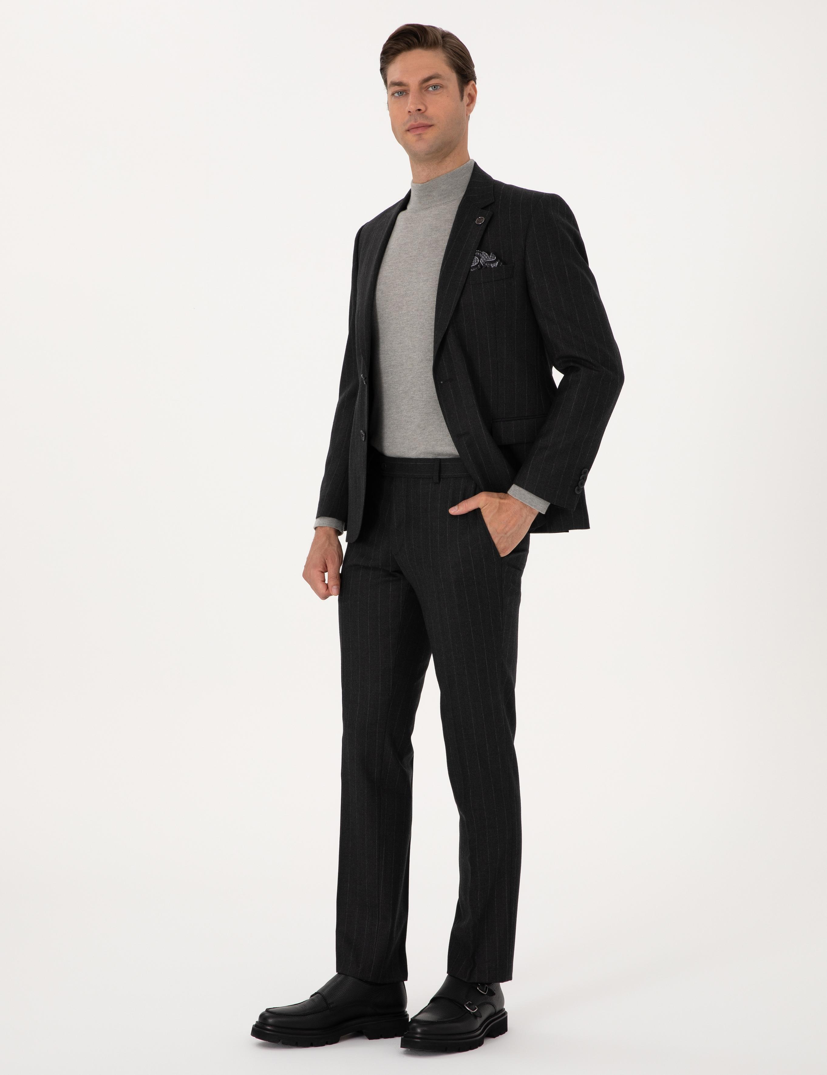 Antrasit Slim Fit %100 Yün Çizgili Takım Elbise