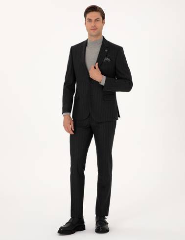 Antrasit Slim Fit %100 Yün Çizgili Takım Elbise