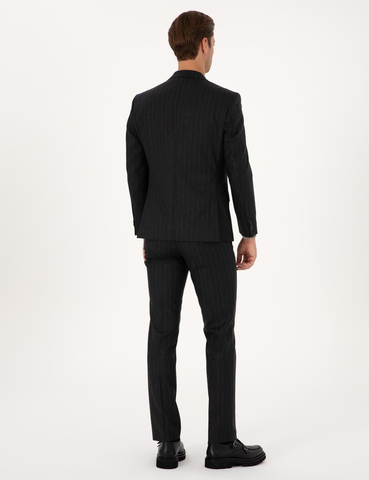 Antrasit Slim Fit %100 Yün Çizgili Takım Elbise - 50311229026