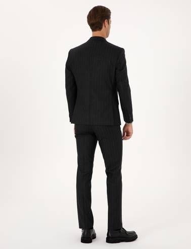 Antrasit Slim Fit %100 Yün Çizgili Takım Elbise