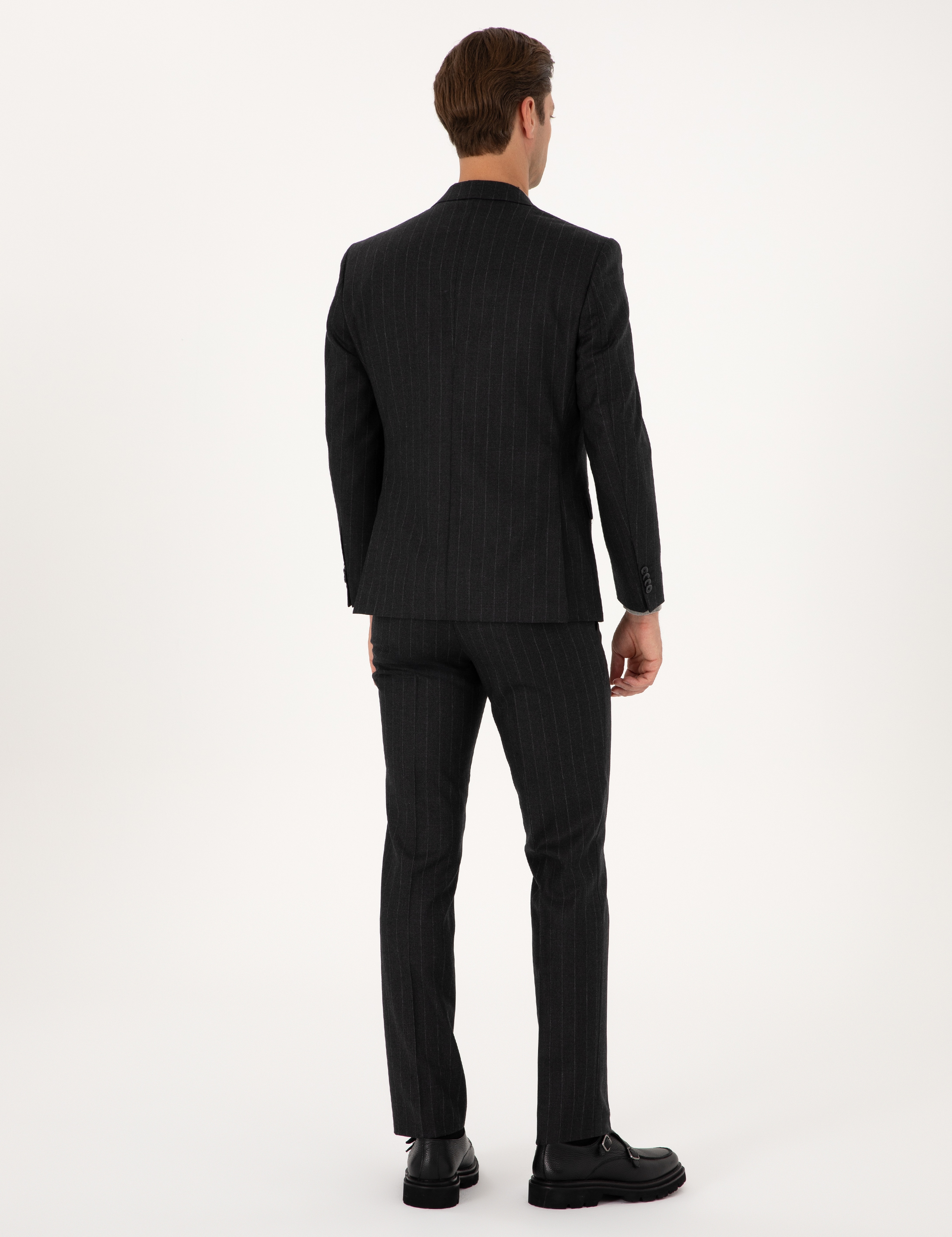Antrasit Slim Fit %100 Yün Çizgili Takım Elbise - Image 5