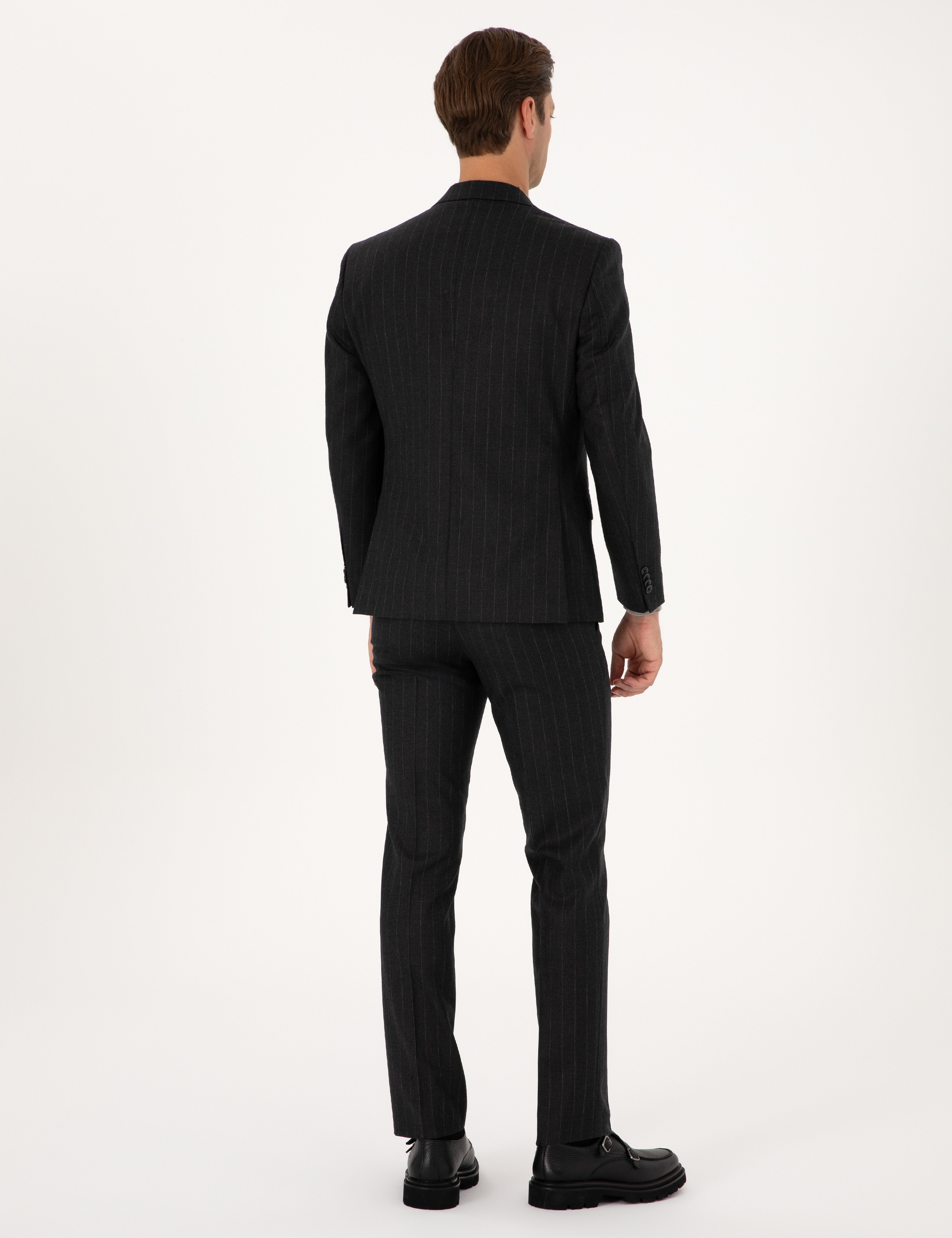 Antrasit Slim Fit %100 Yün Çizgili Takım Elbise
