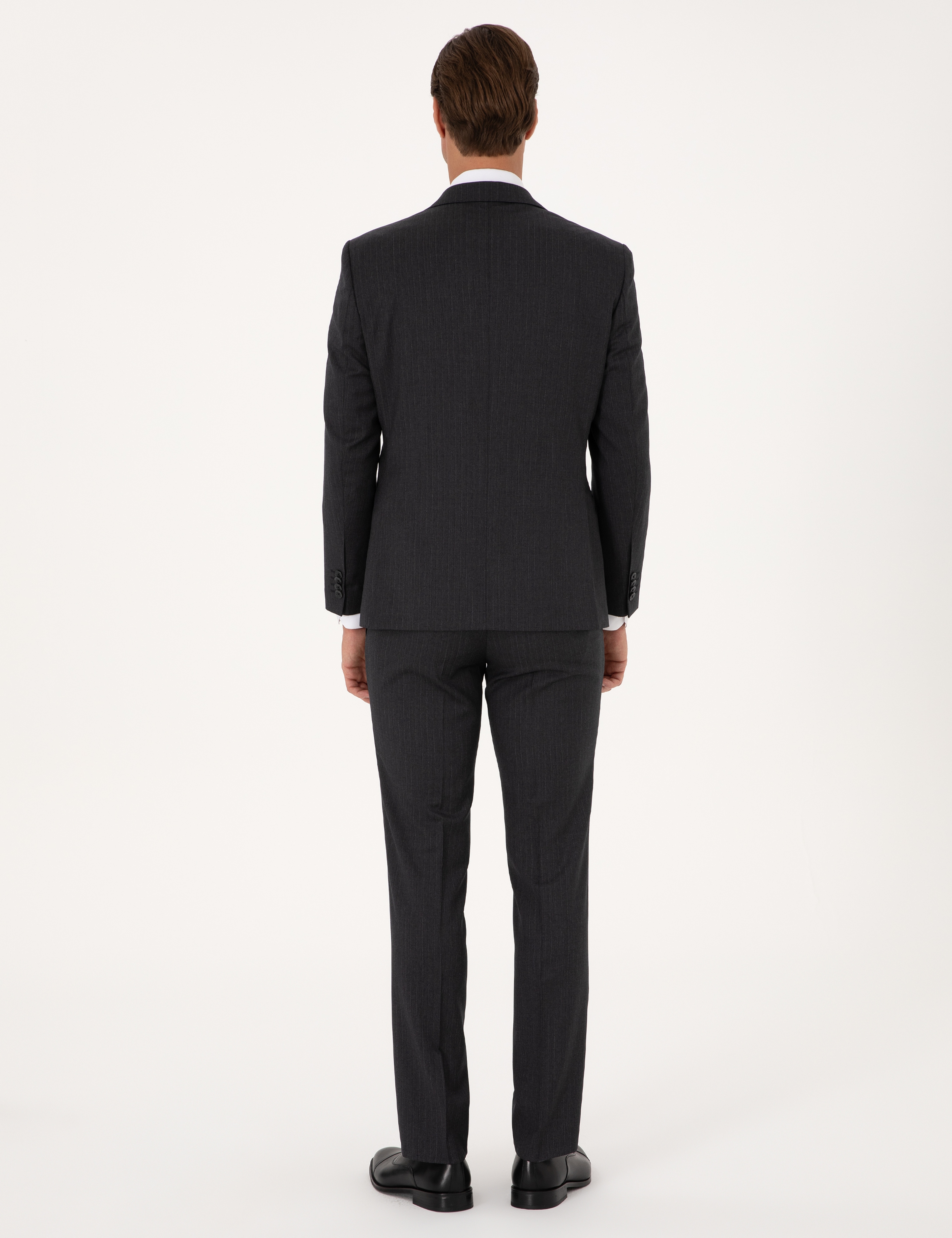 Antrasit Slim Fit %100 Yün Çizgili Takım Elbise