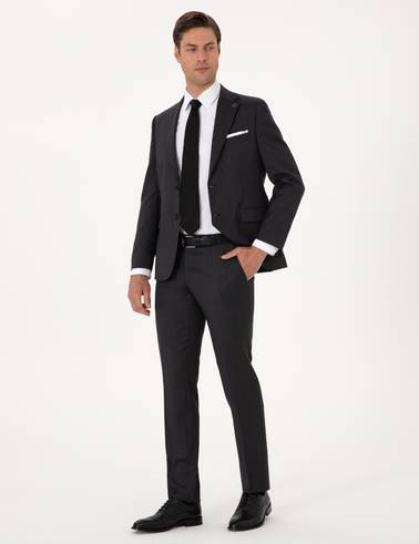 Antrasit Slim Fit %100 Yün Çizgili Takım Elbise