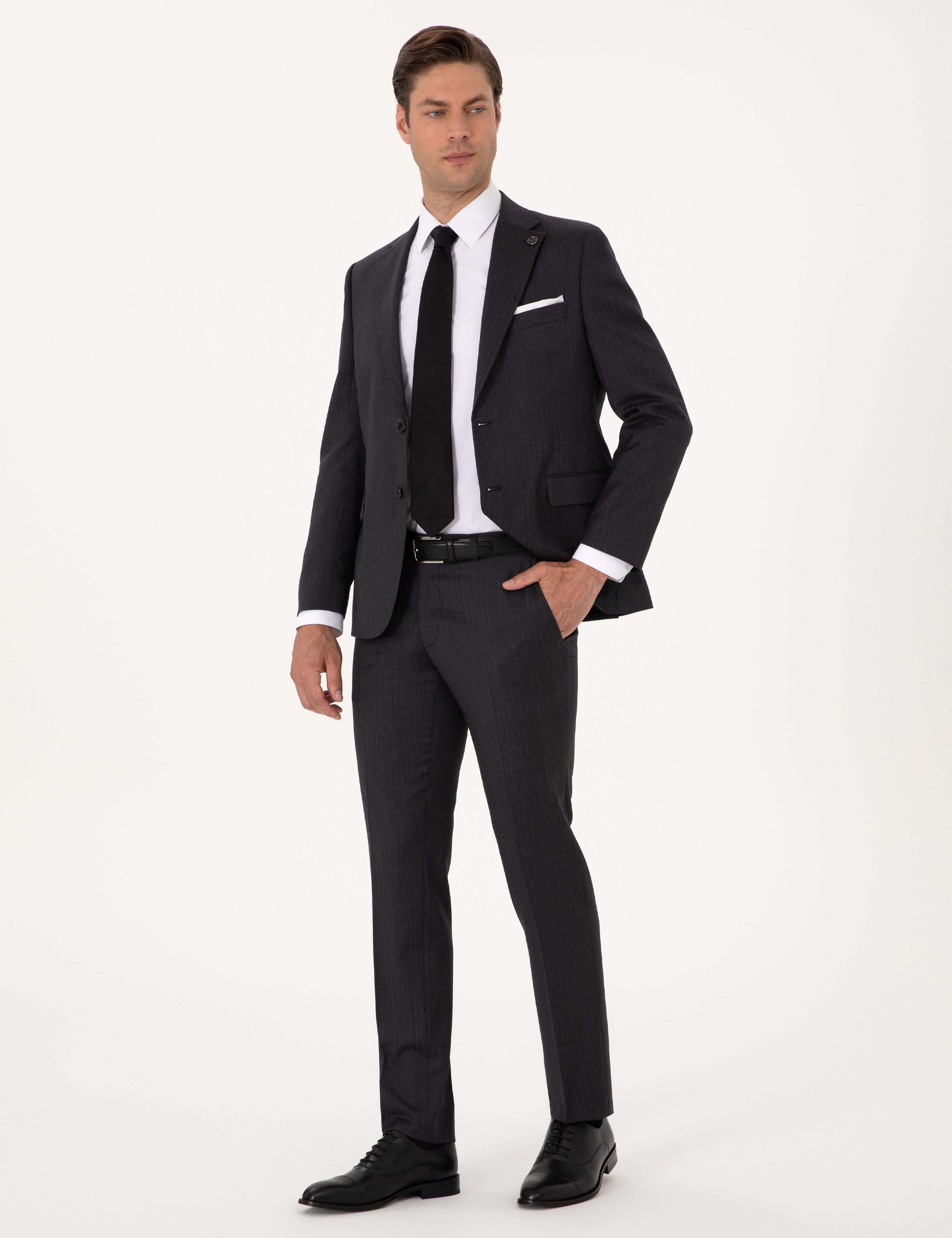 Antrasit Slim Fit %100 Yün Çizgili Takım Elbise - Image 4