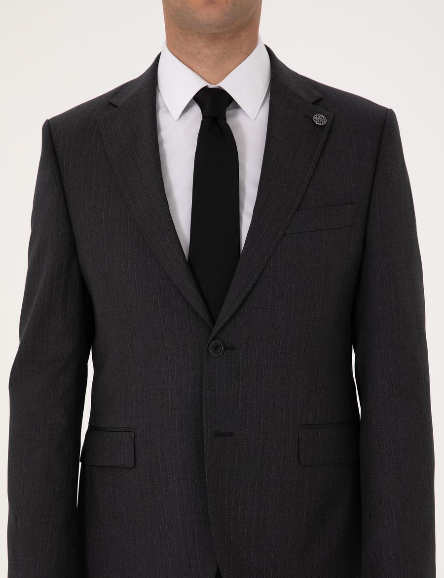 Antrasit Slim Fit %100 Yün Çizgili Takım Elbise