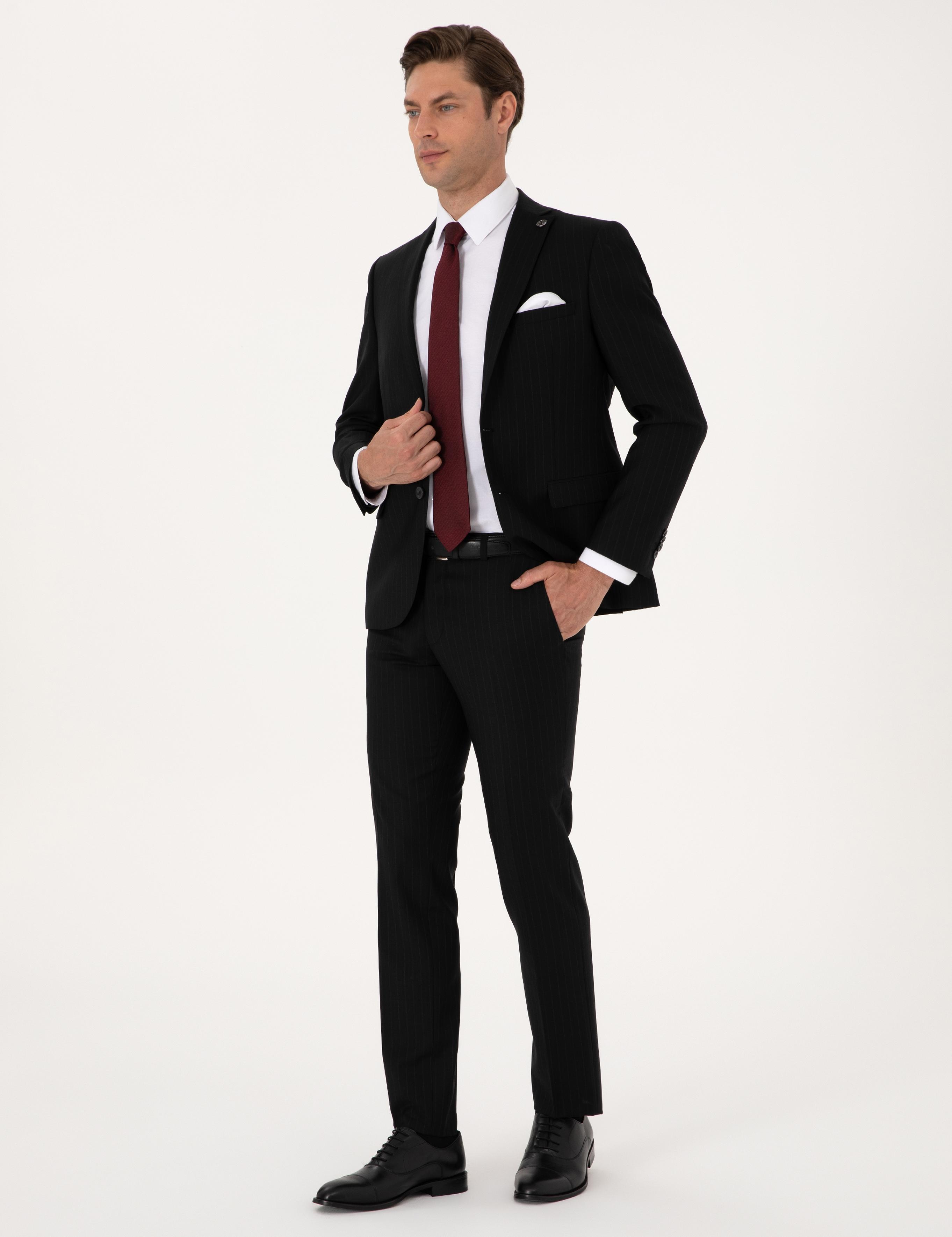 Siyah Slim Fit %100 Yün Takım Elbise