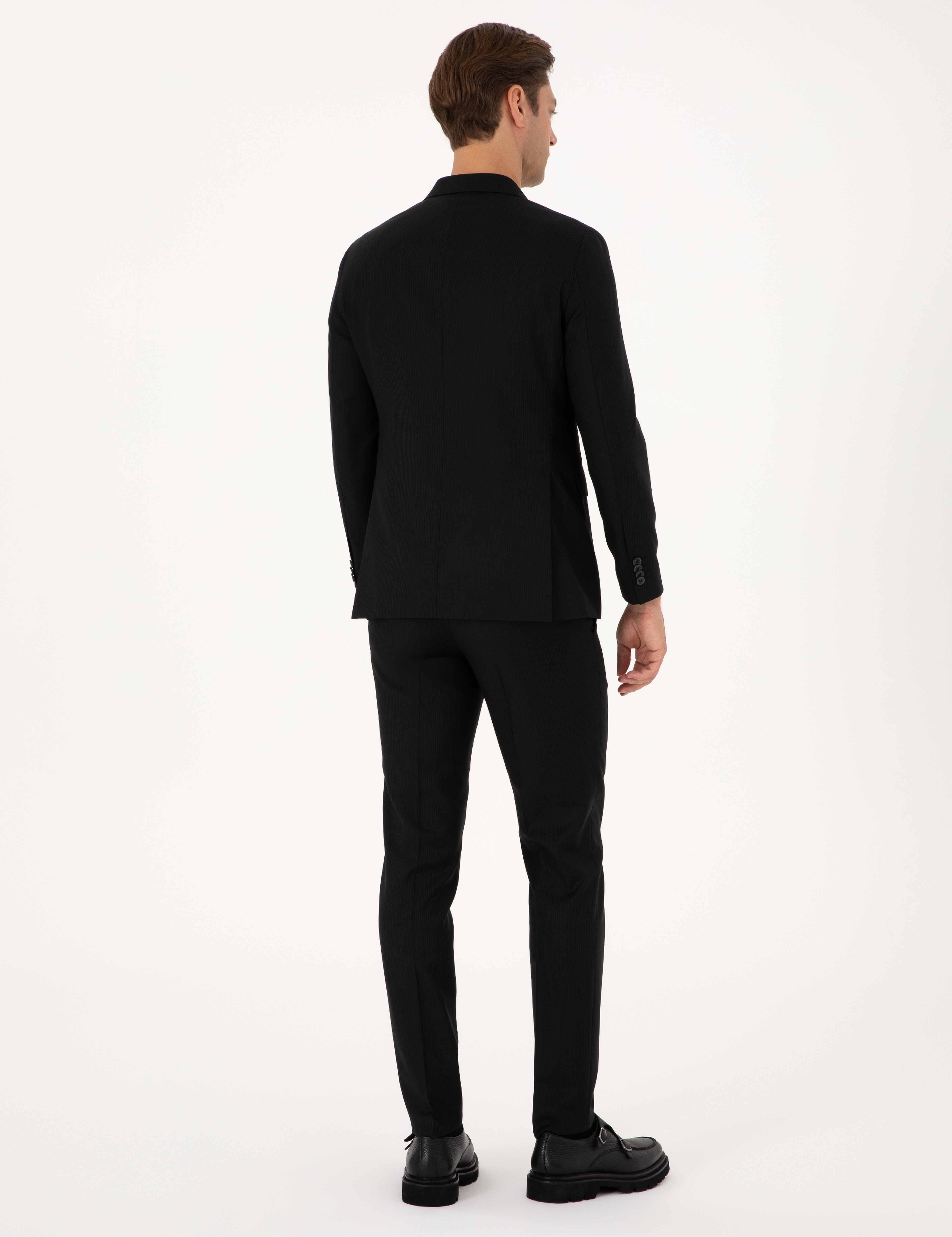 Siyah Ex. Slim Fit %100 Yün Çizgili Takım Elbise - Image 5