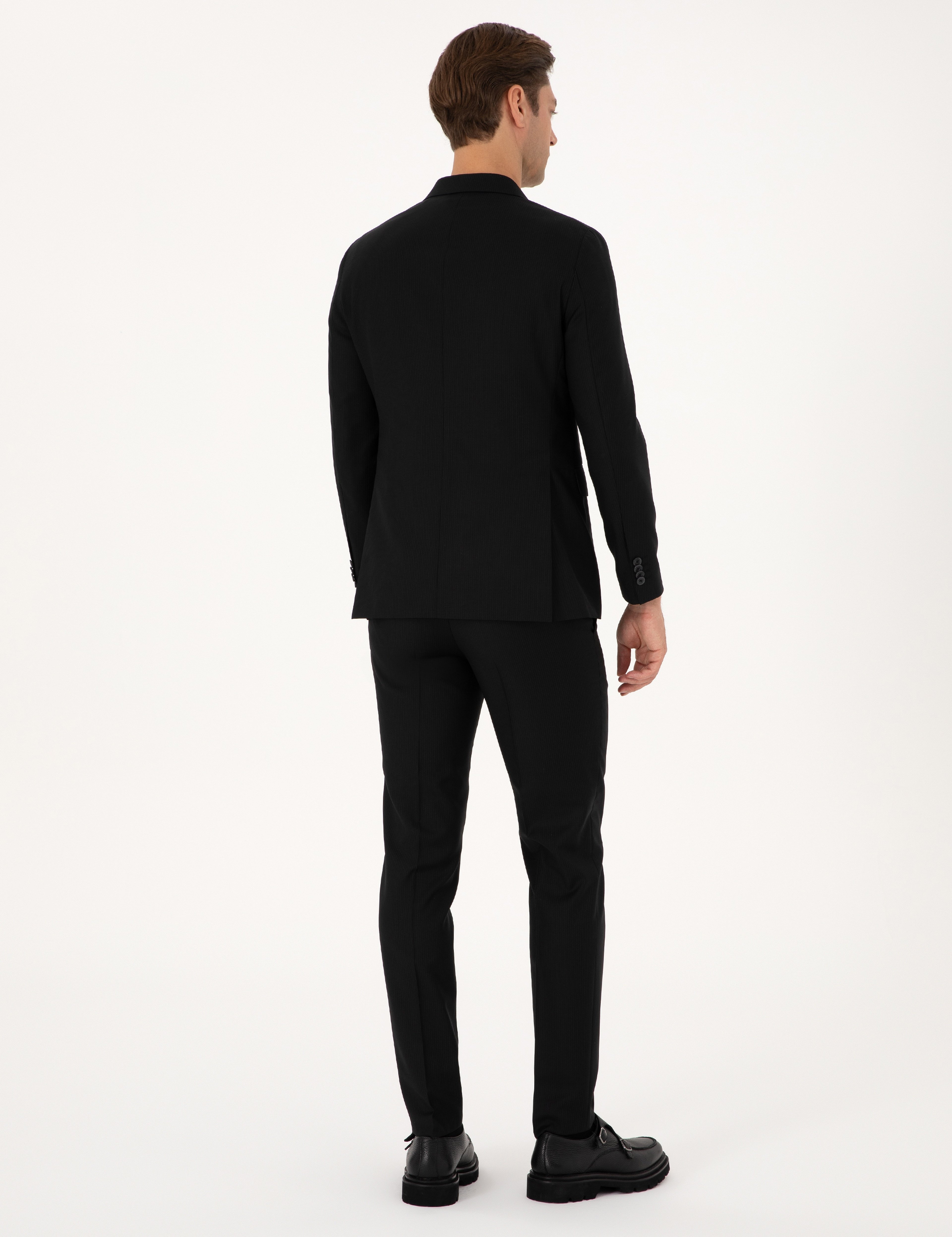 Siyah Ex. Slim Fit %100 Yün Çizgili Takım Elbise