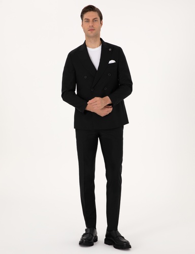 Siyah Ex. Slim Fit %100 Yün Çizgili Takım Elbise