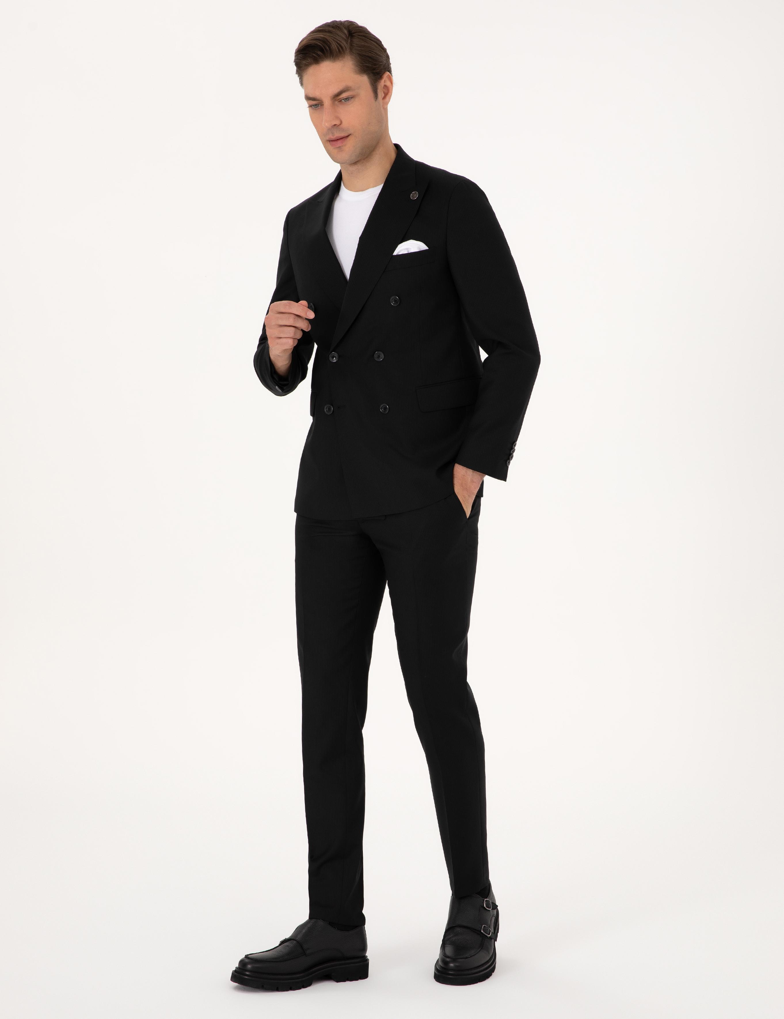 Siyah Ex. Slim Fit %100 Yün Çizgili Takım Elbise