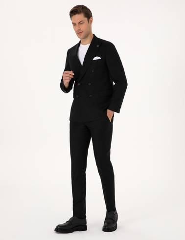 Siyah Ex. Slim Fit %100 Yün Çizgili Takım Elbise