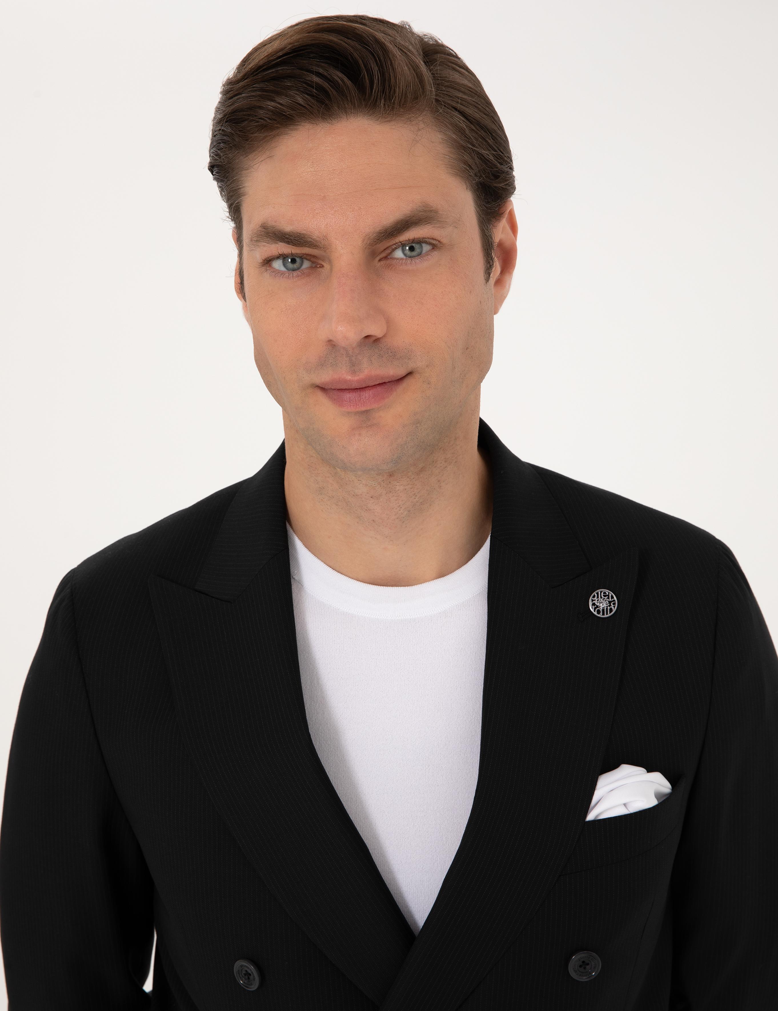 Siyah Ex. Slim Fit %100 Yün Çizgili Takım Elbise