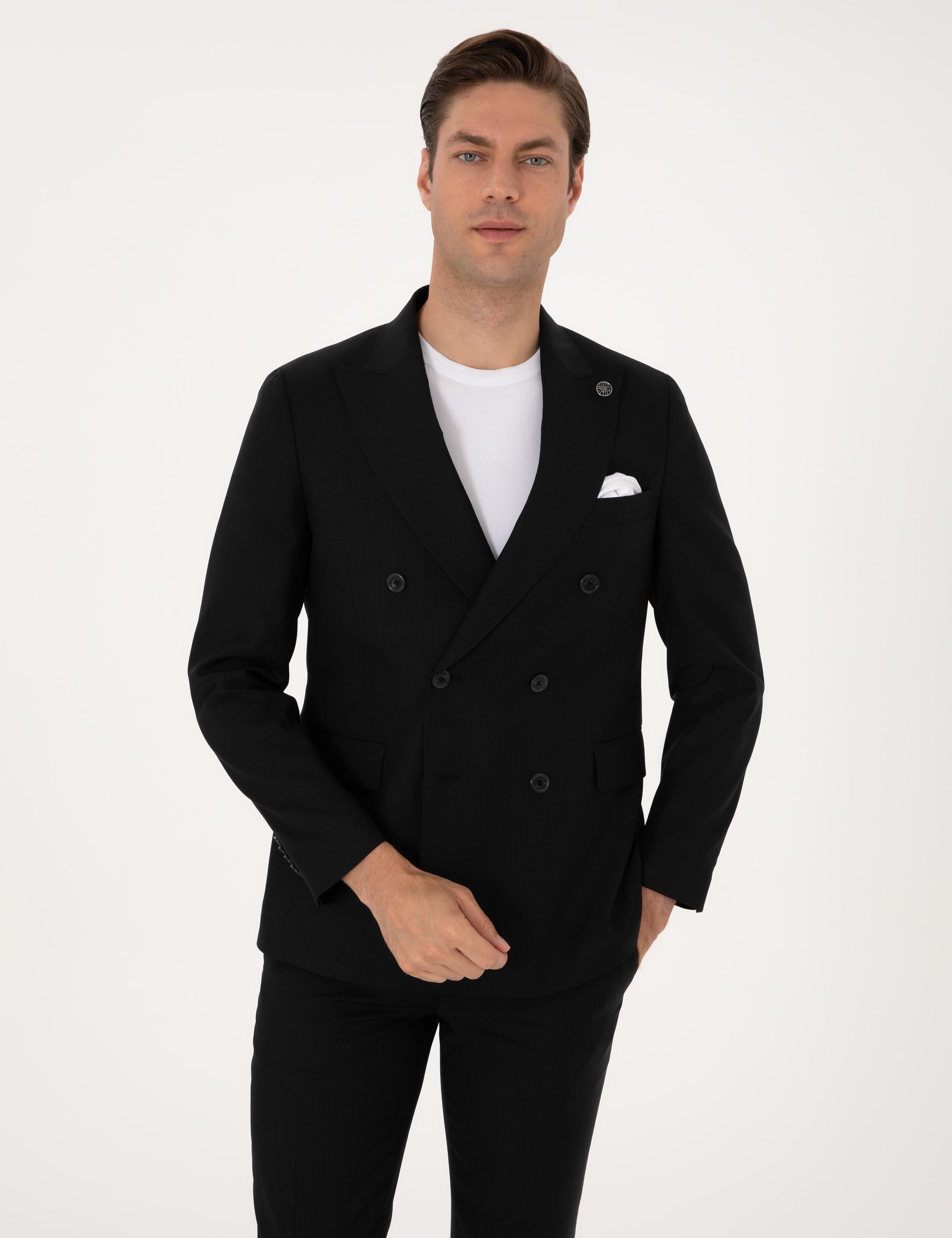 Siyah Ex. Slim Fit %100 Yün Çizgili Takım Elbise