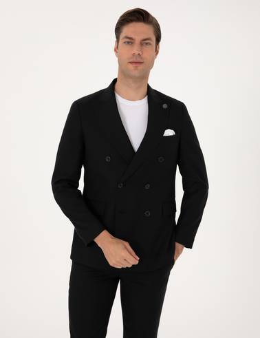 Siyah Ex. Slim Fit %100 Yün Çizgili Takım Elbise