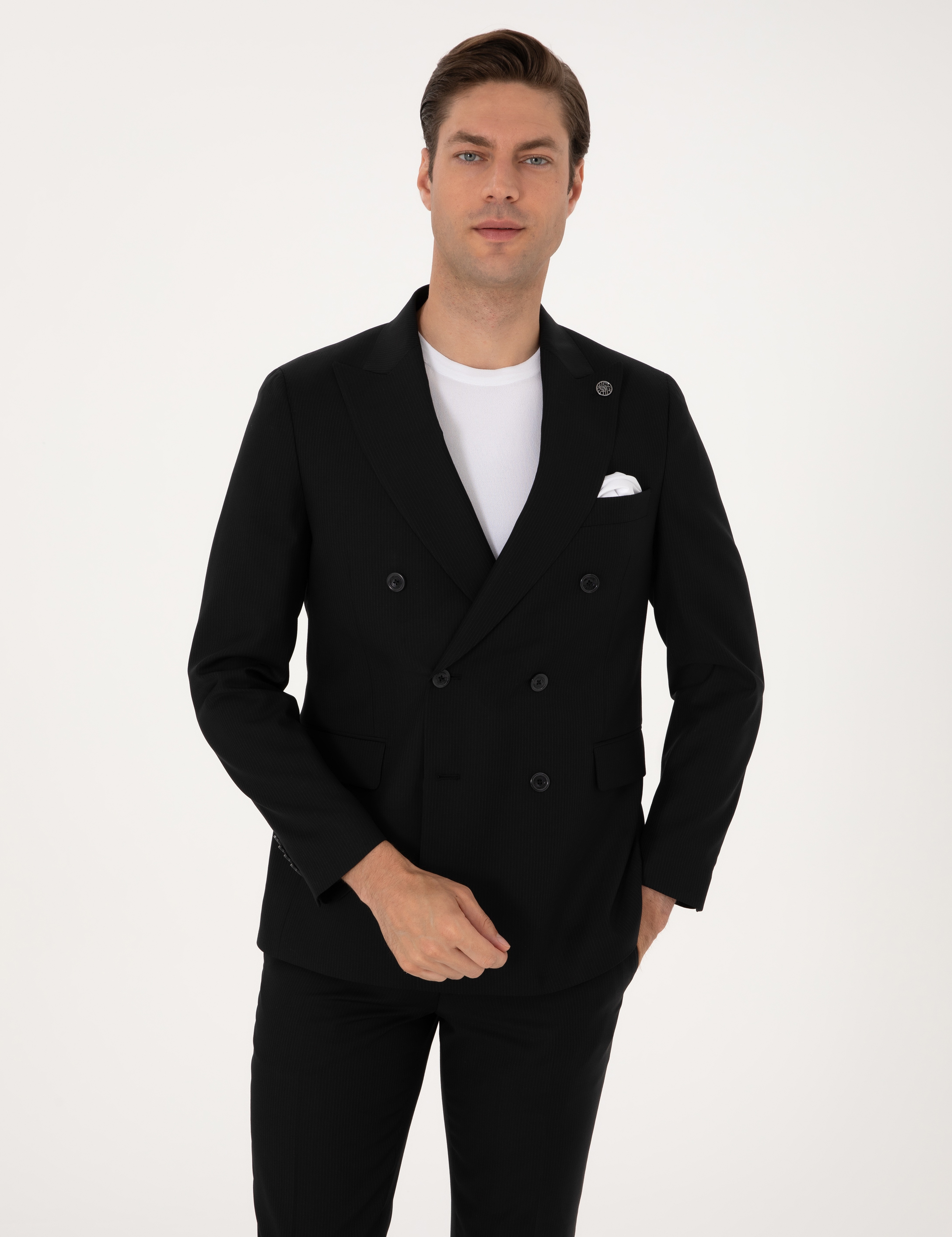 Siyah Ex. Slim Fit %100 Yün Çizgili Takım Elbise - Image 3