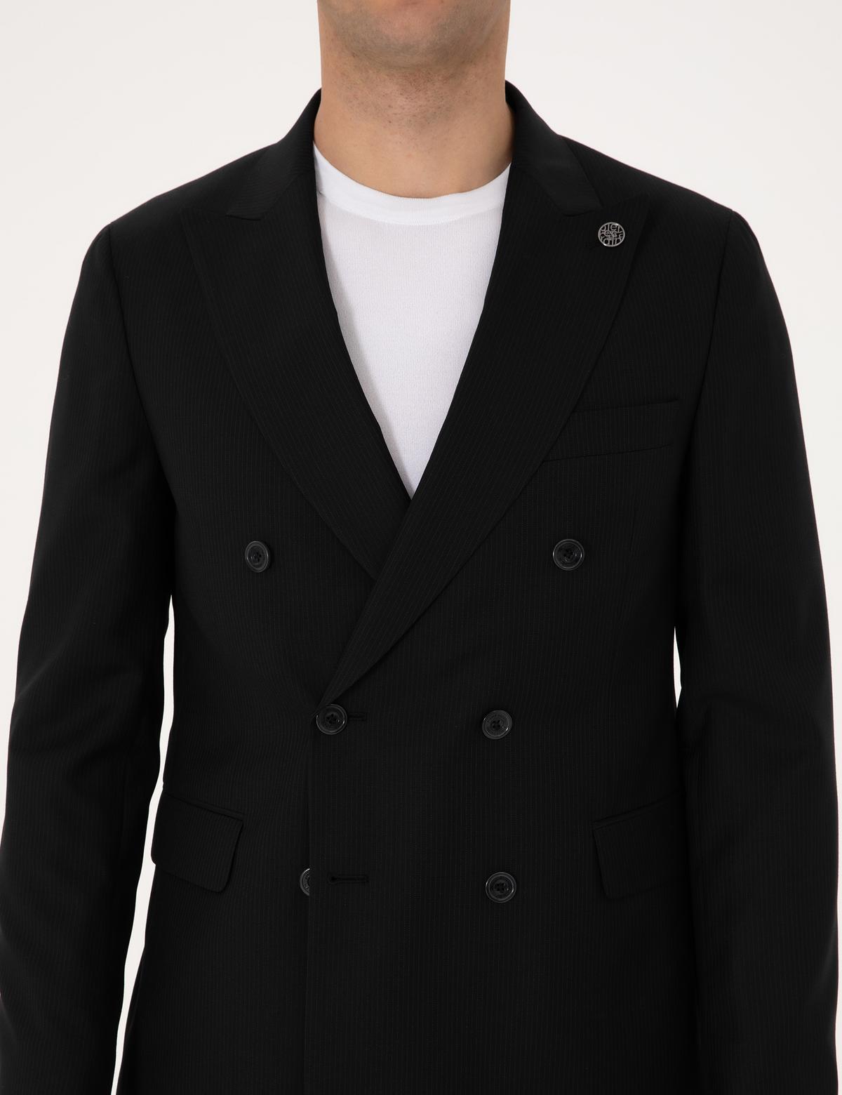 Siyah Ex. Slim Fit %100 Yün Çizgili Takım Elbise - 50311242014