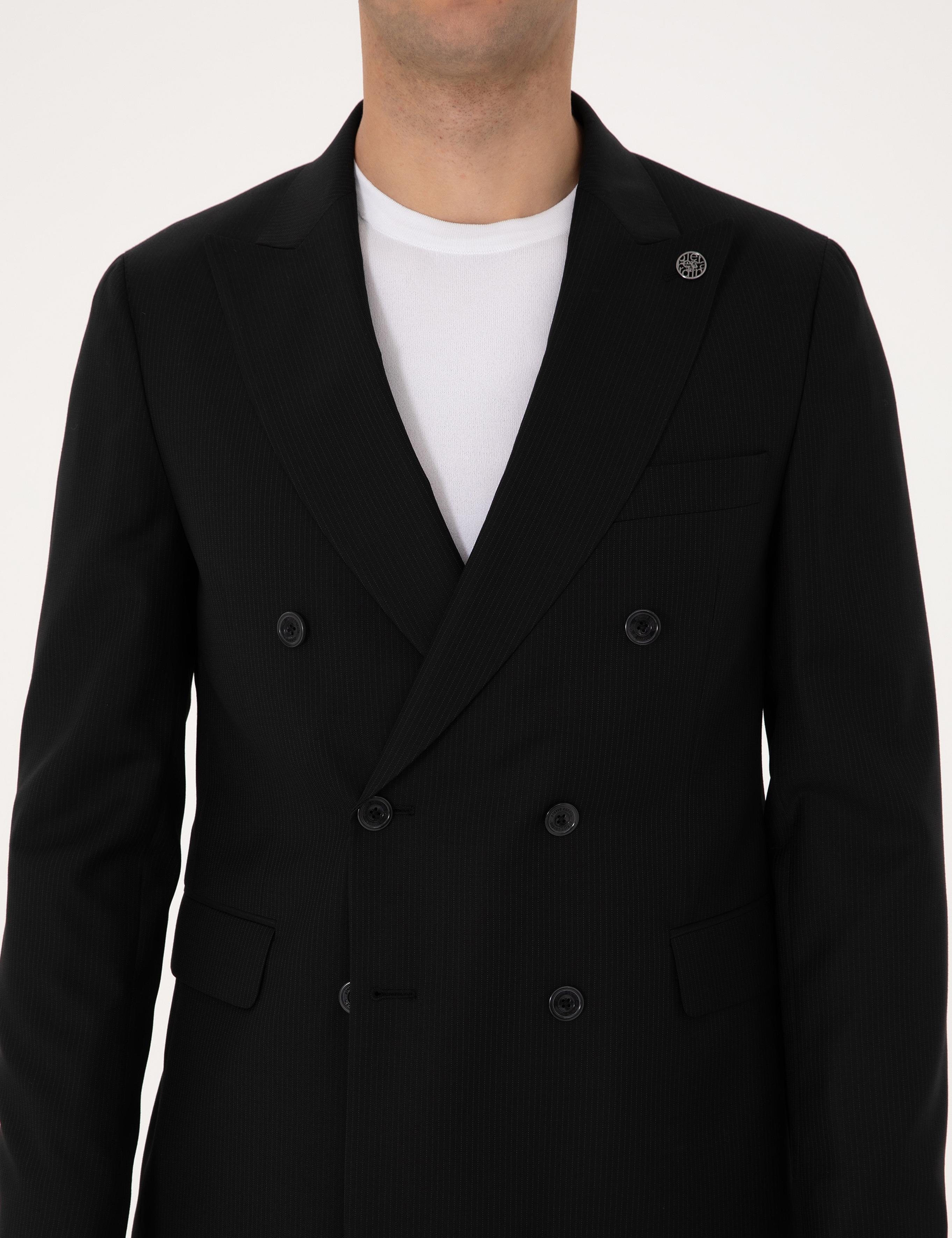 Siyah Ex. Slim Fit %100 Yün Çizgili Takım Elbise