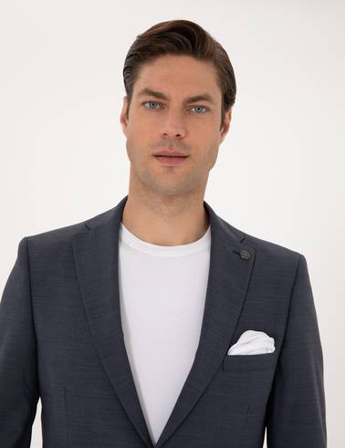 Koyu Mavi Slim Fit Yün Karışımlı Takım Elbise