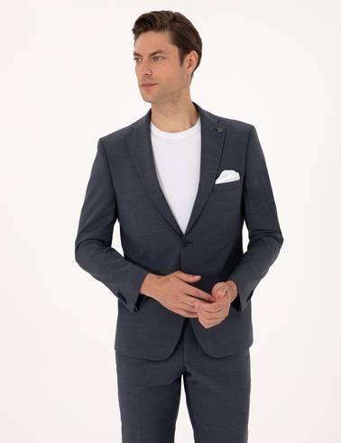 Koyu Mavi Slim Fit Yün Karışımlı Takım Elbise