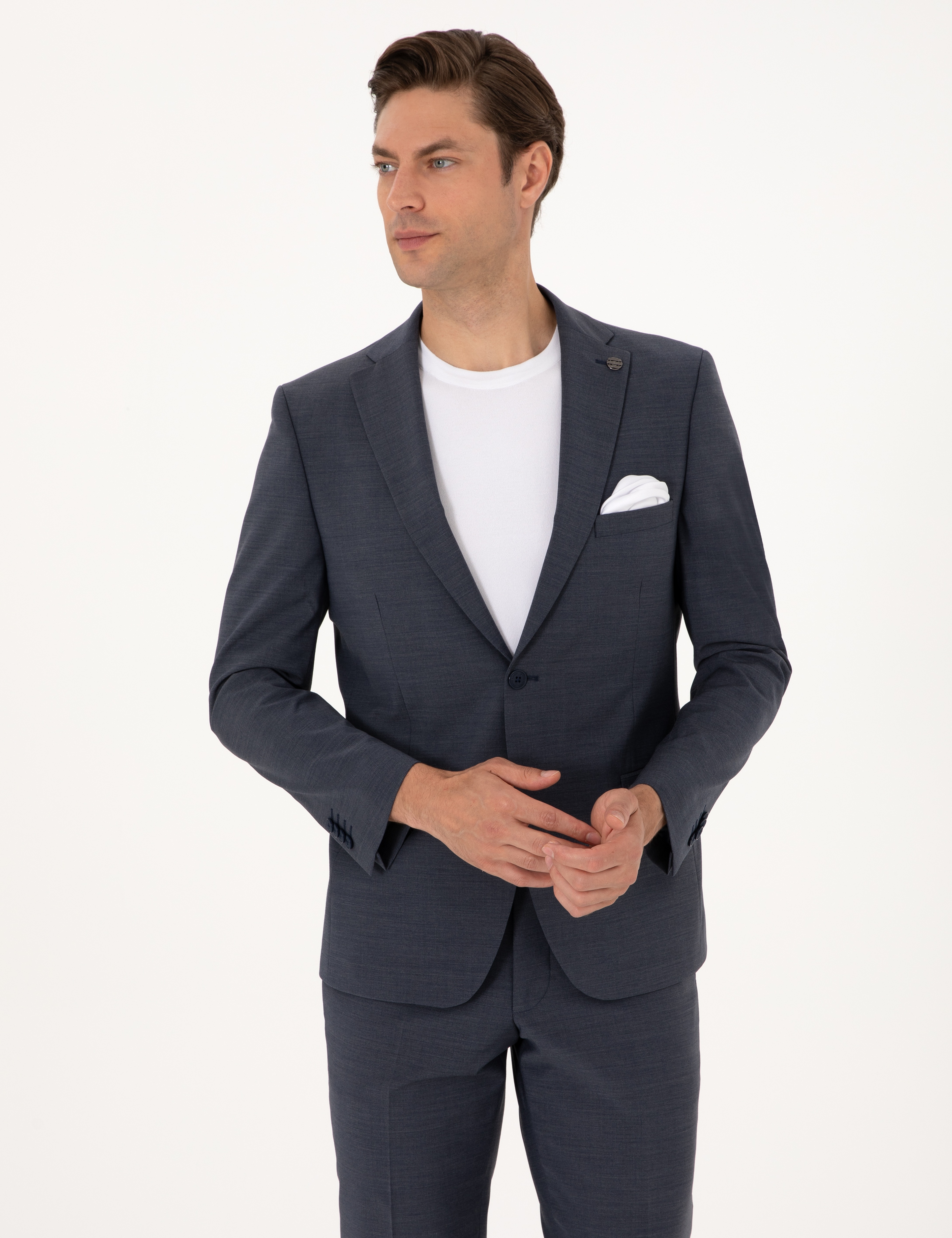 Koyu Mavi Slim Fit Yün Karışımlı Takım Elbise - Image 3