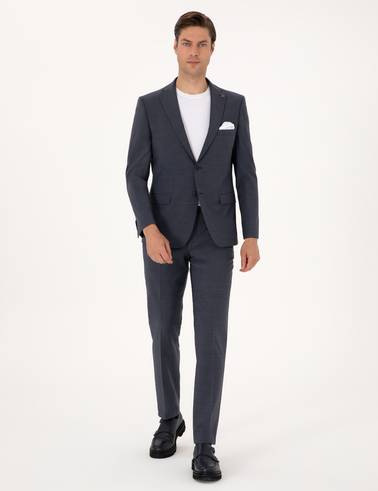 Koyu Mavi Slim Fit Yün Karışımlı Takım Elbise