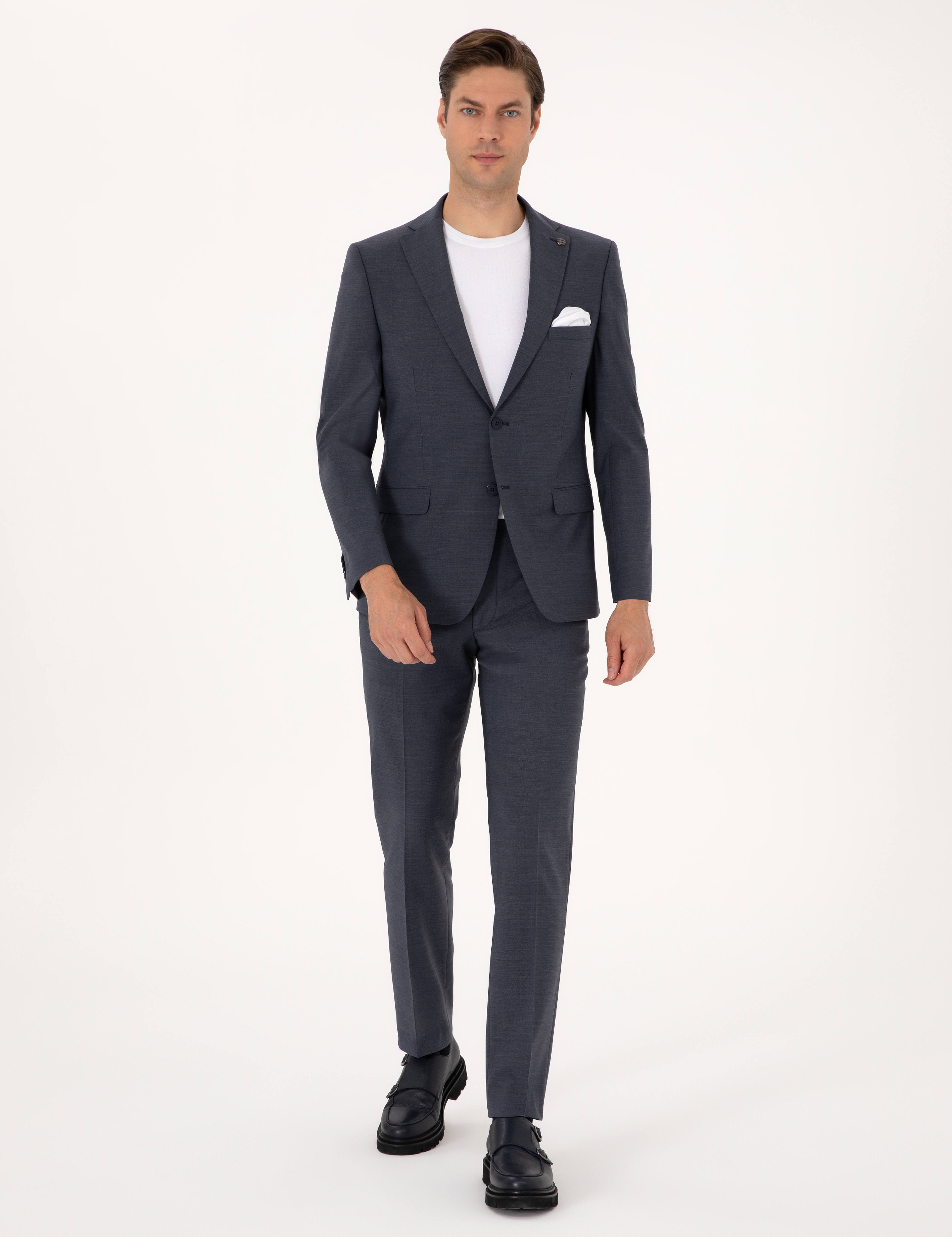 Koyu Mavi Slim Fit Yün Karışımlı Takım Elbise - Image 1