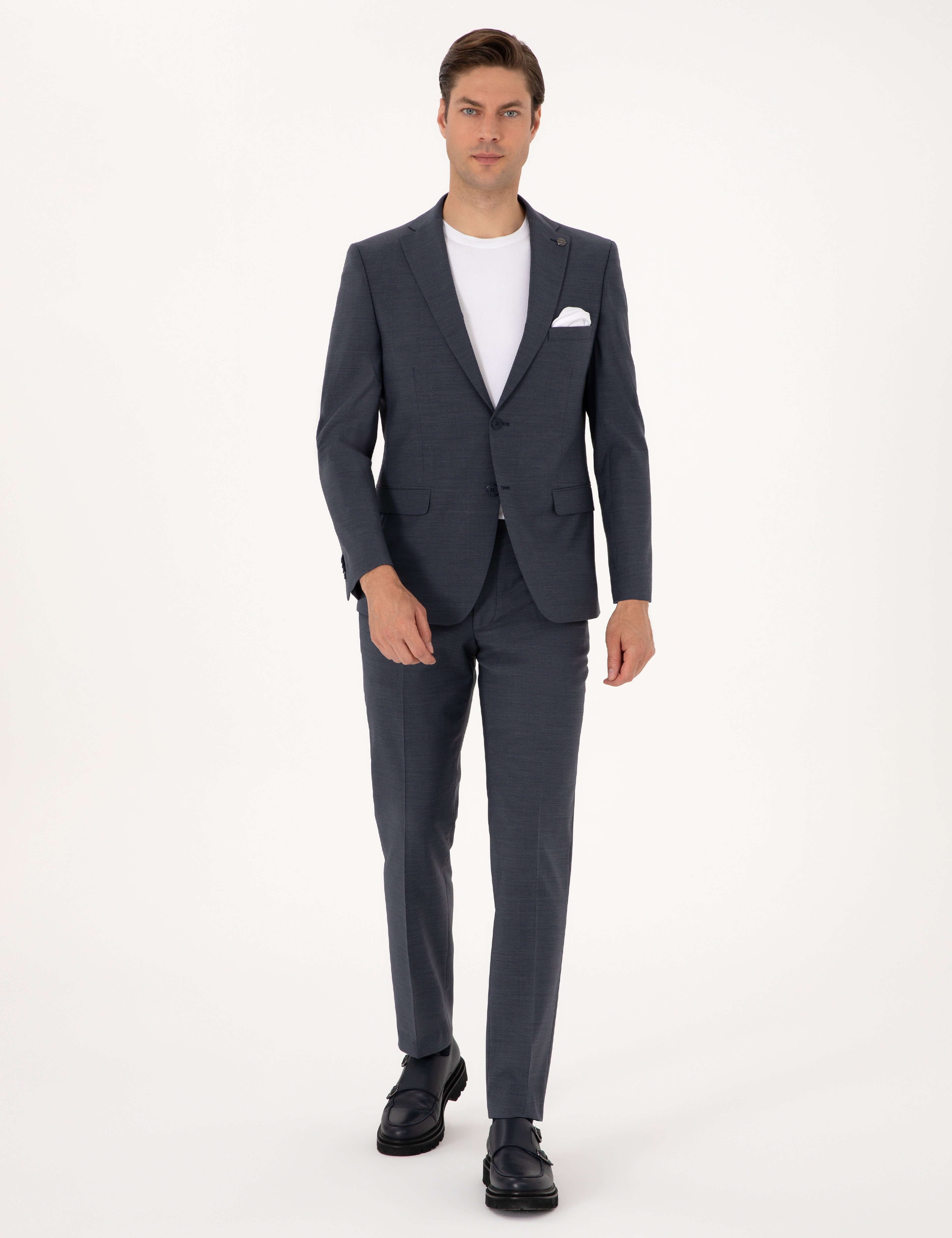 Koyu Mavi Slim Fit Yün Karışımlı Takım Elbise