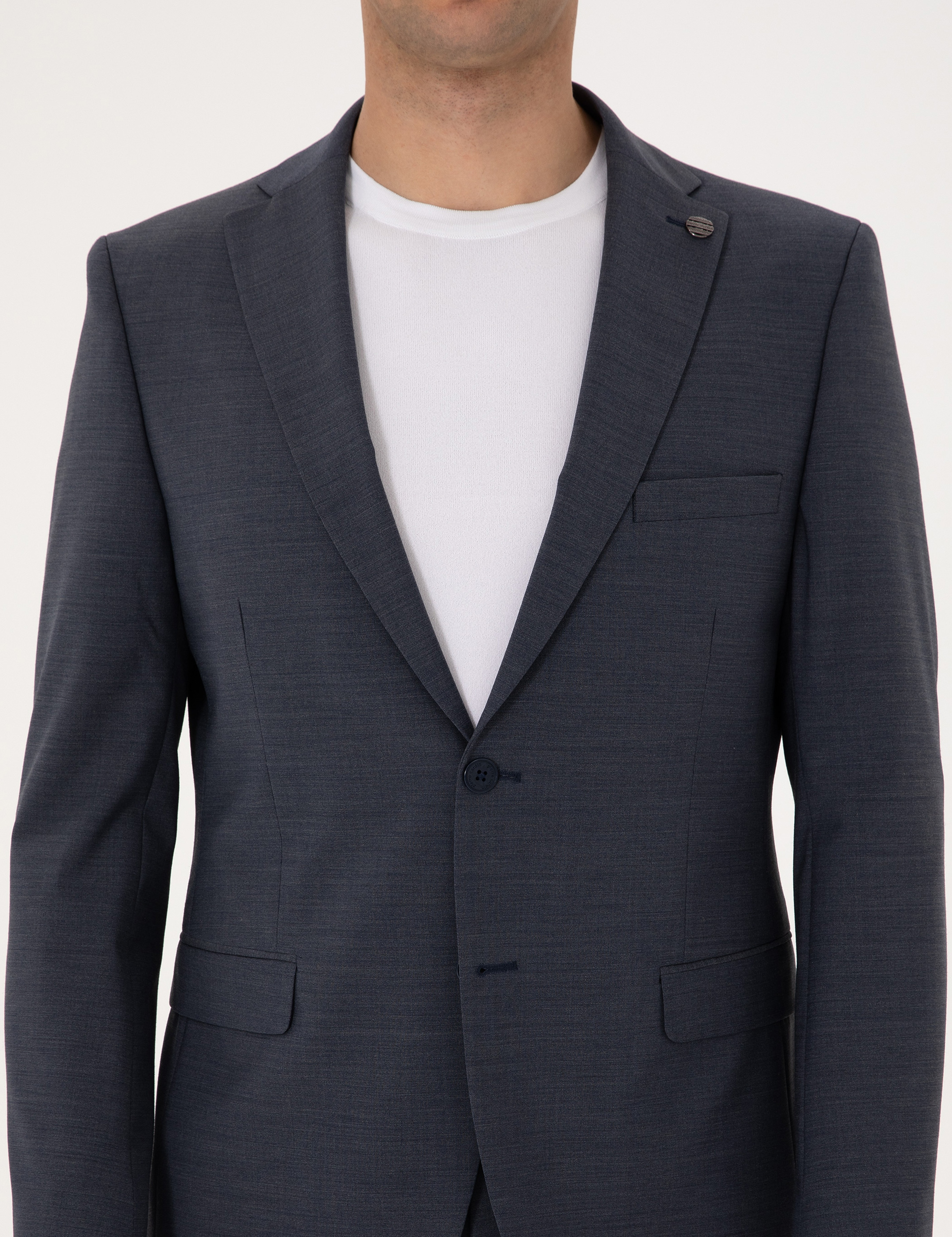 Koyu Mavi Slim Fit Yün Karışımlı Takım Elbise - Image 7