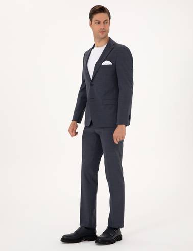 Koyu Mavi Slim Fit Yün Karışımlı Takım Elbise
