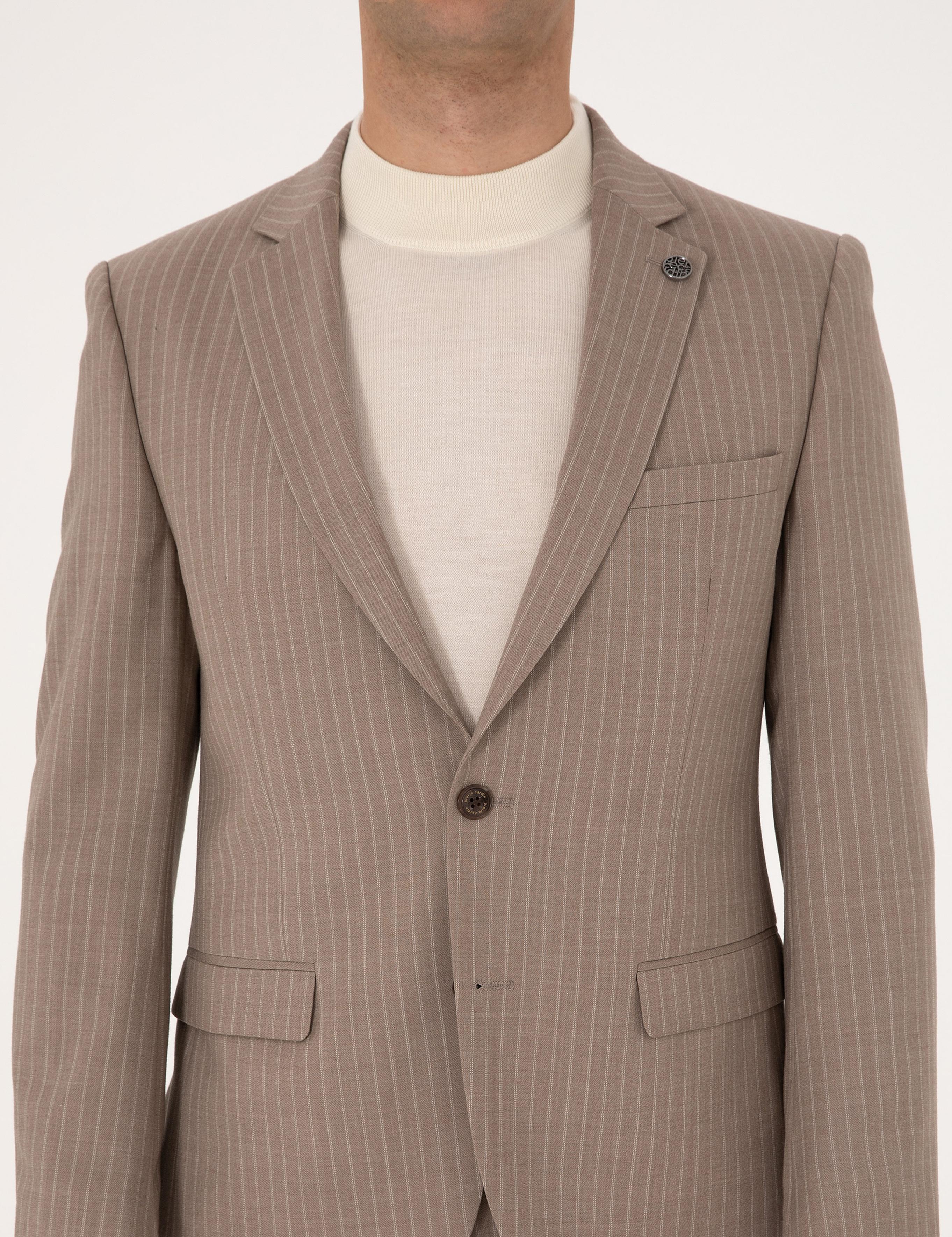 Bej Ex. Slim Fit Yün Karışımlı Çizgili Takım Elbise