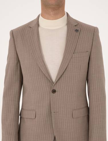 Bej Ex. Slim Fit Yün Karışımlı Çizgili Takım Elbise