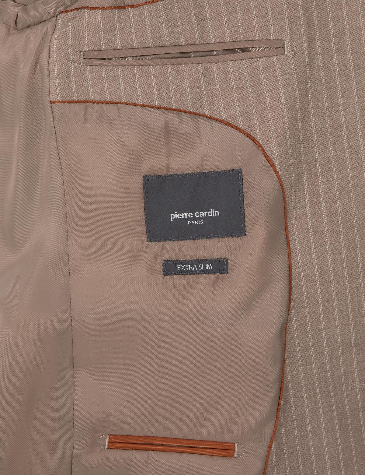 Bej Ex. Slim Fit Yün Karışımlı Çizgili Takım Elbise - 50311536041